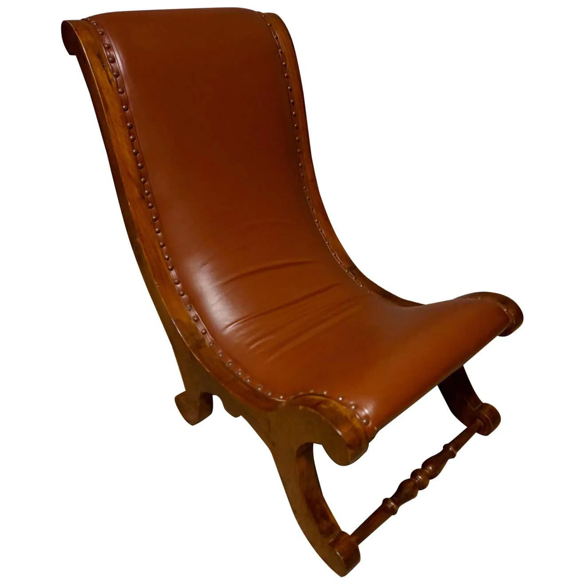 British Colonial Teak Slipper Chair With Leather Upholstery
