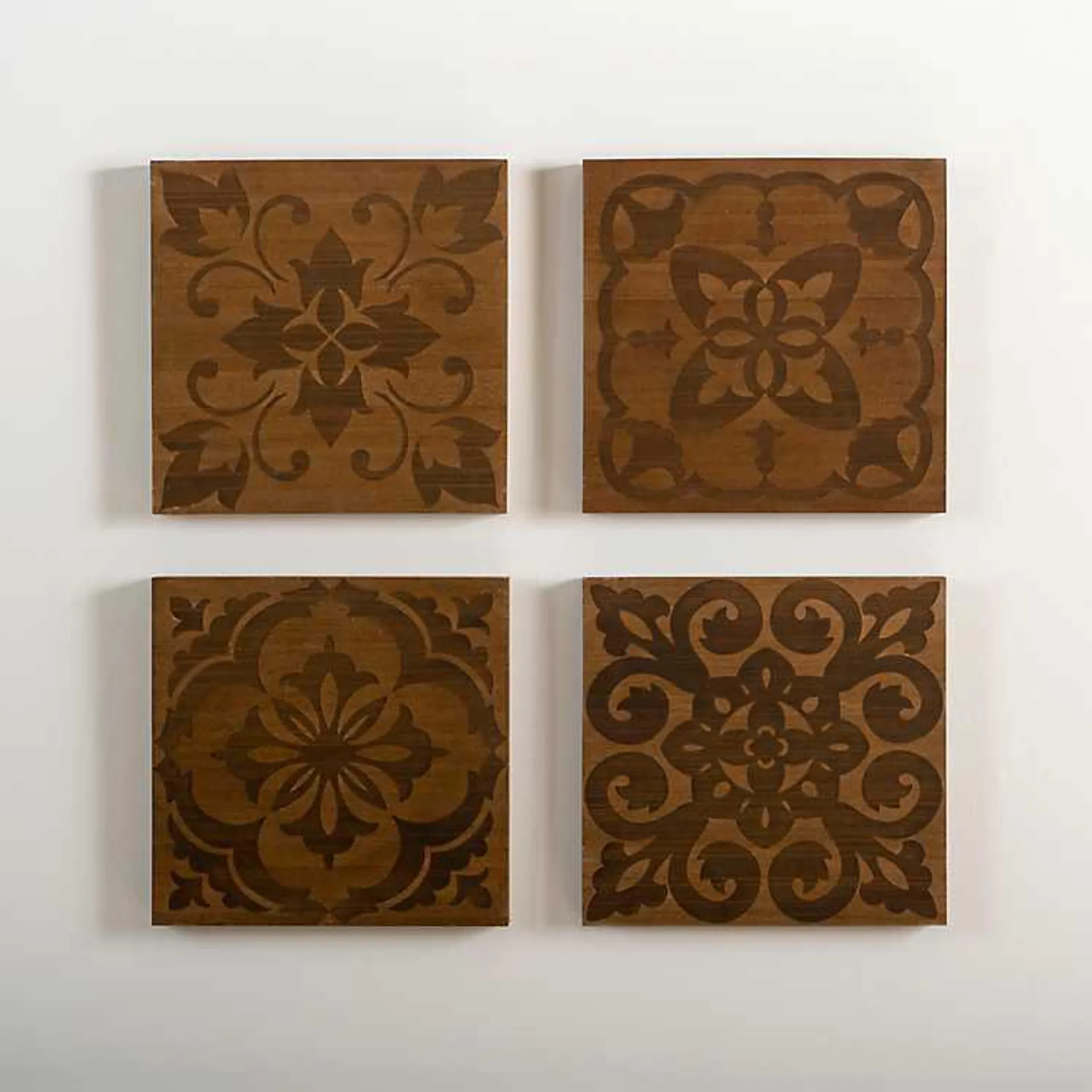 Carved Wood Patterned Wall Plaques, Set of 4