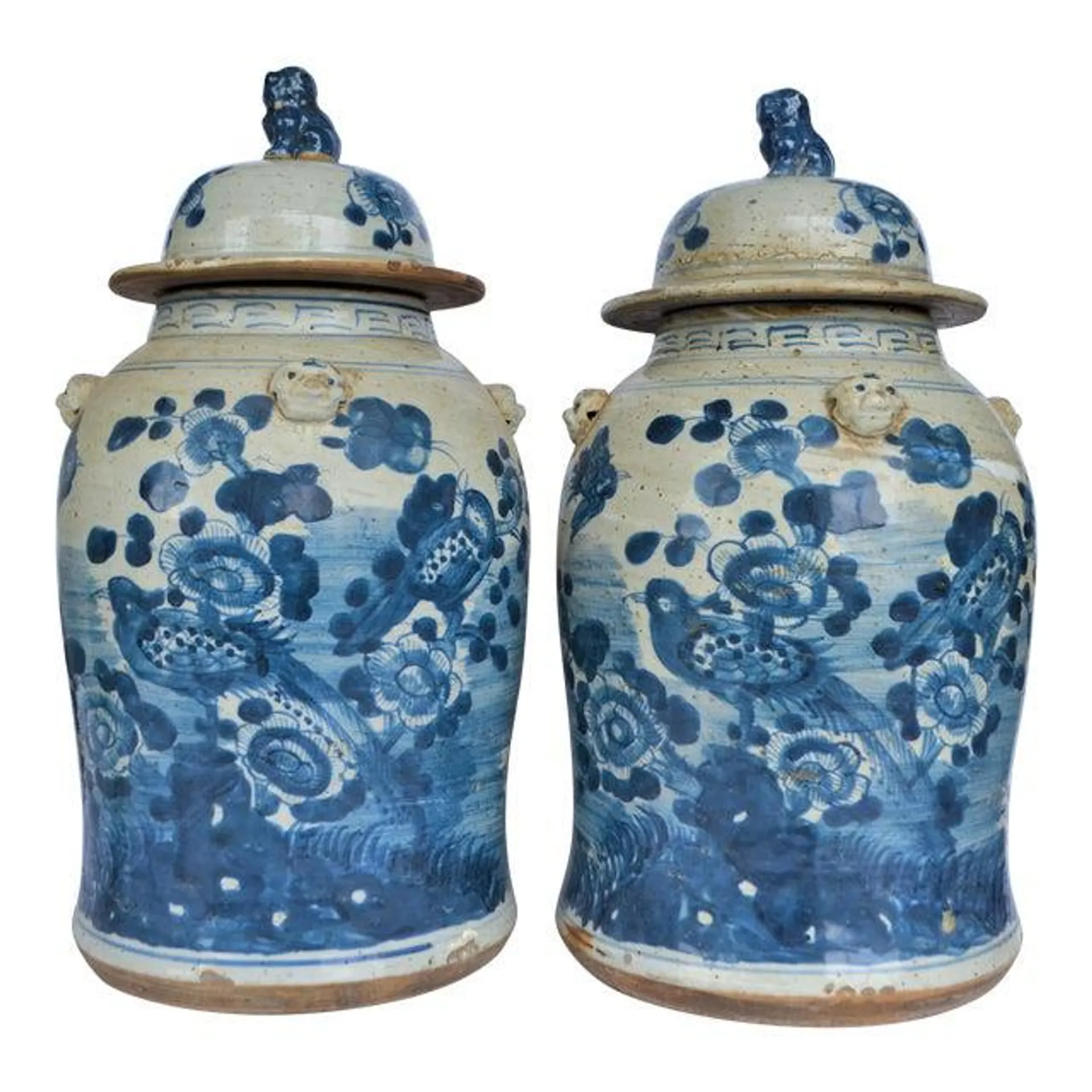 Chinoiserie White & Blue Baluster Temple With Birds / Ginger Jars - a Pair