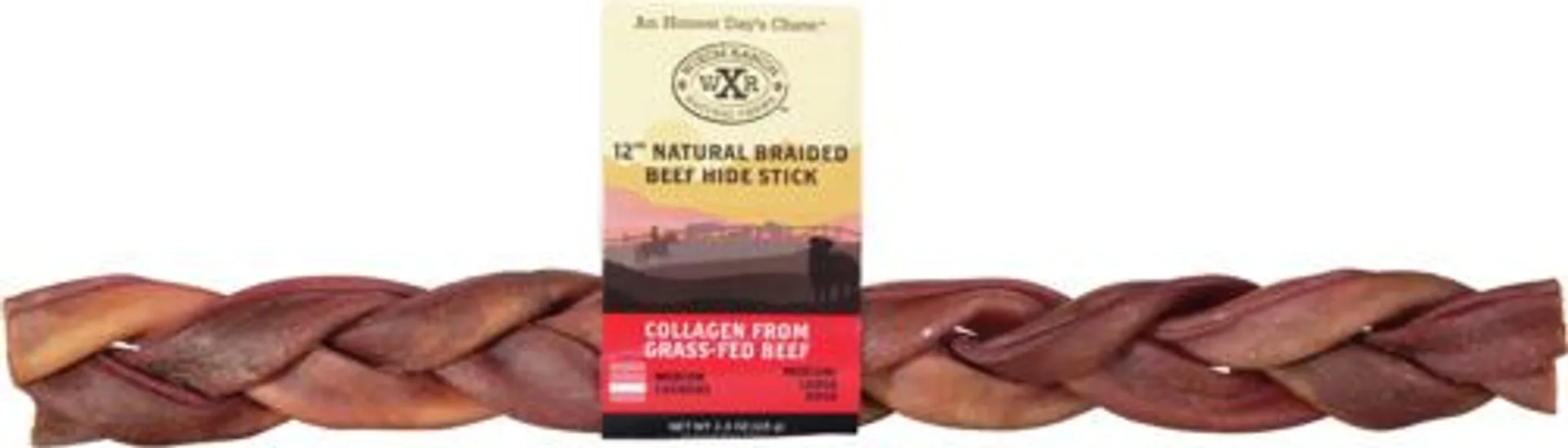 Wixom Ranch Natural Chews Collagen Beef Hide Braid, 12 Inches