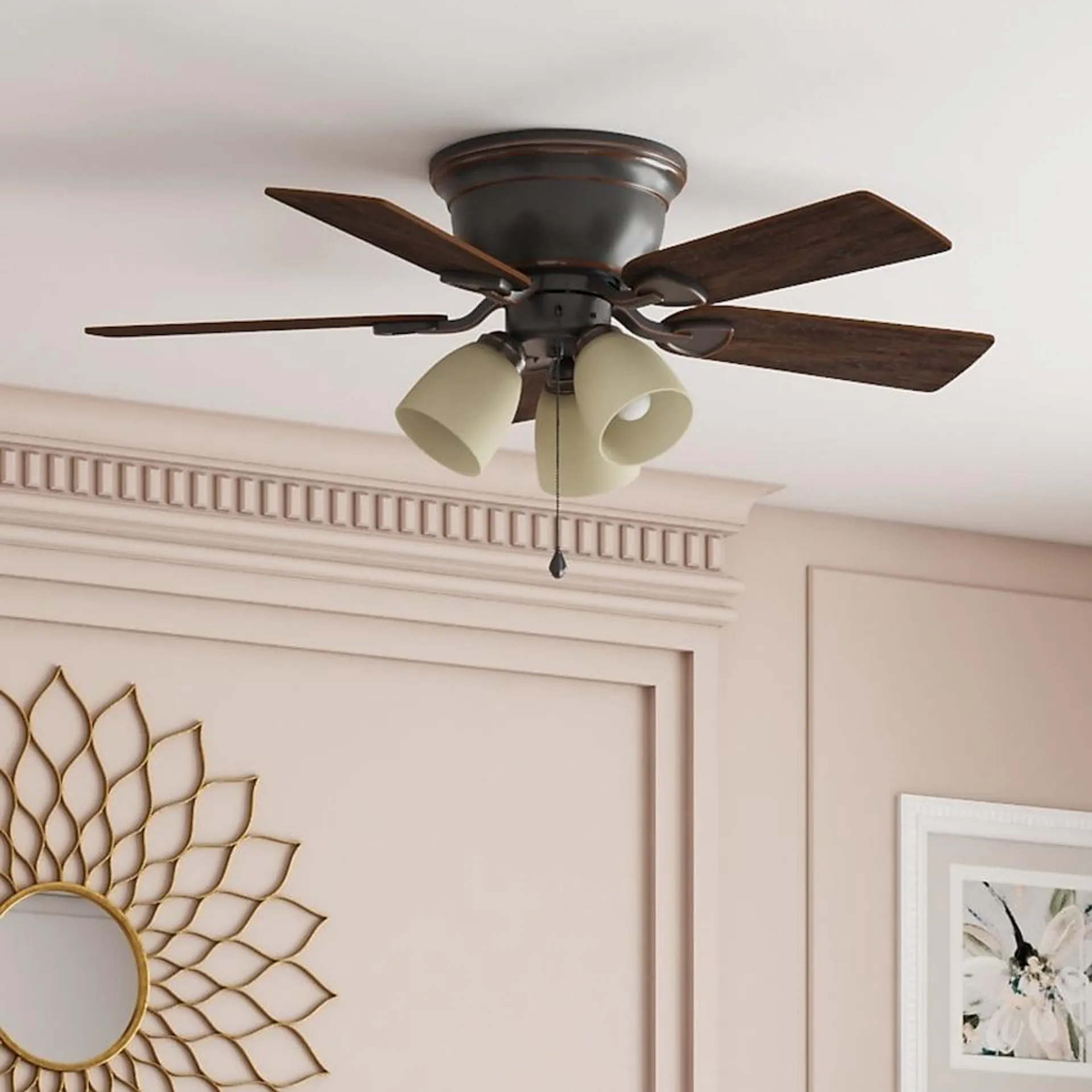 Harbor Breeze Centreville 42-in Oil-Rubbed Bronze with Auburn/Mink Blades LED Indoor Flush Mount Ceiling Fan with Light (5-Blade)