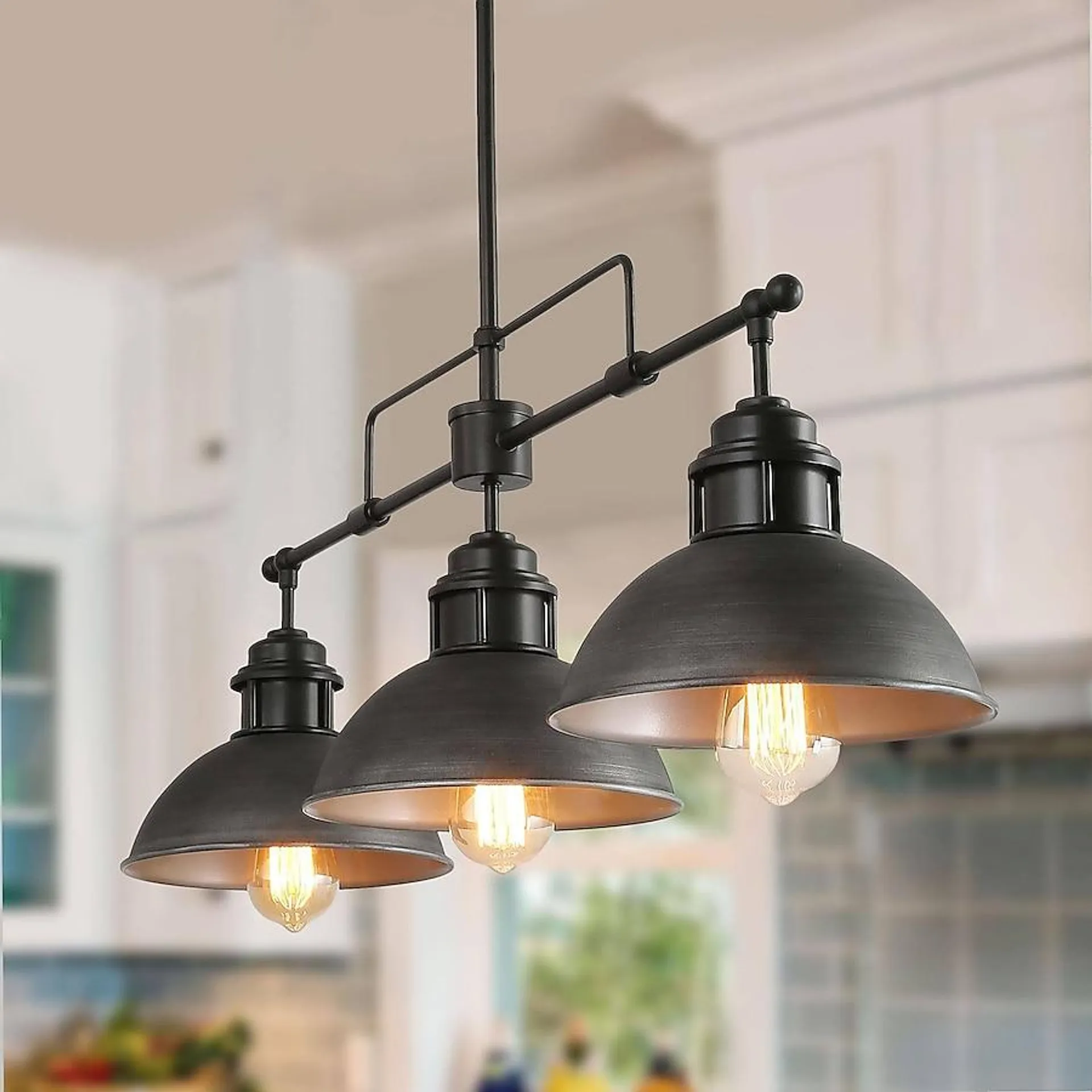 LNC Donnish Farmhouse Dome 3-Light Brushed Black Traditional Linear LED Large Hanging Kitchen Island Light