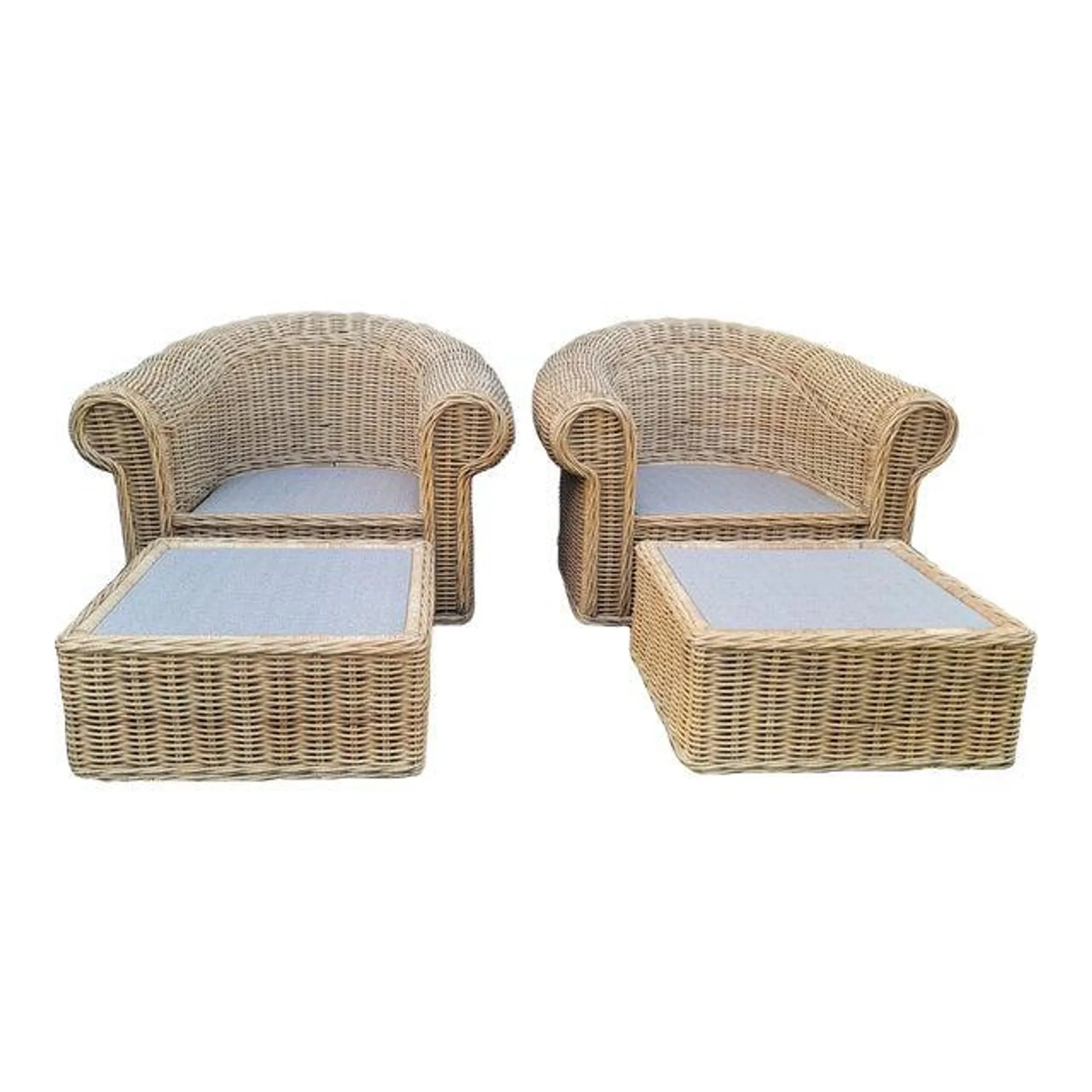 1970s Vintage Mid-Century Modern Grand Scale Pair Rattan Sculptural Barrel Back Rolled Armchairs and Matching Ottomans