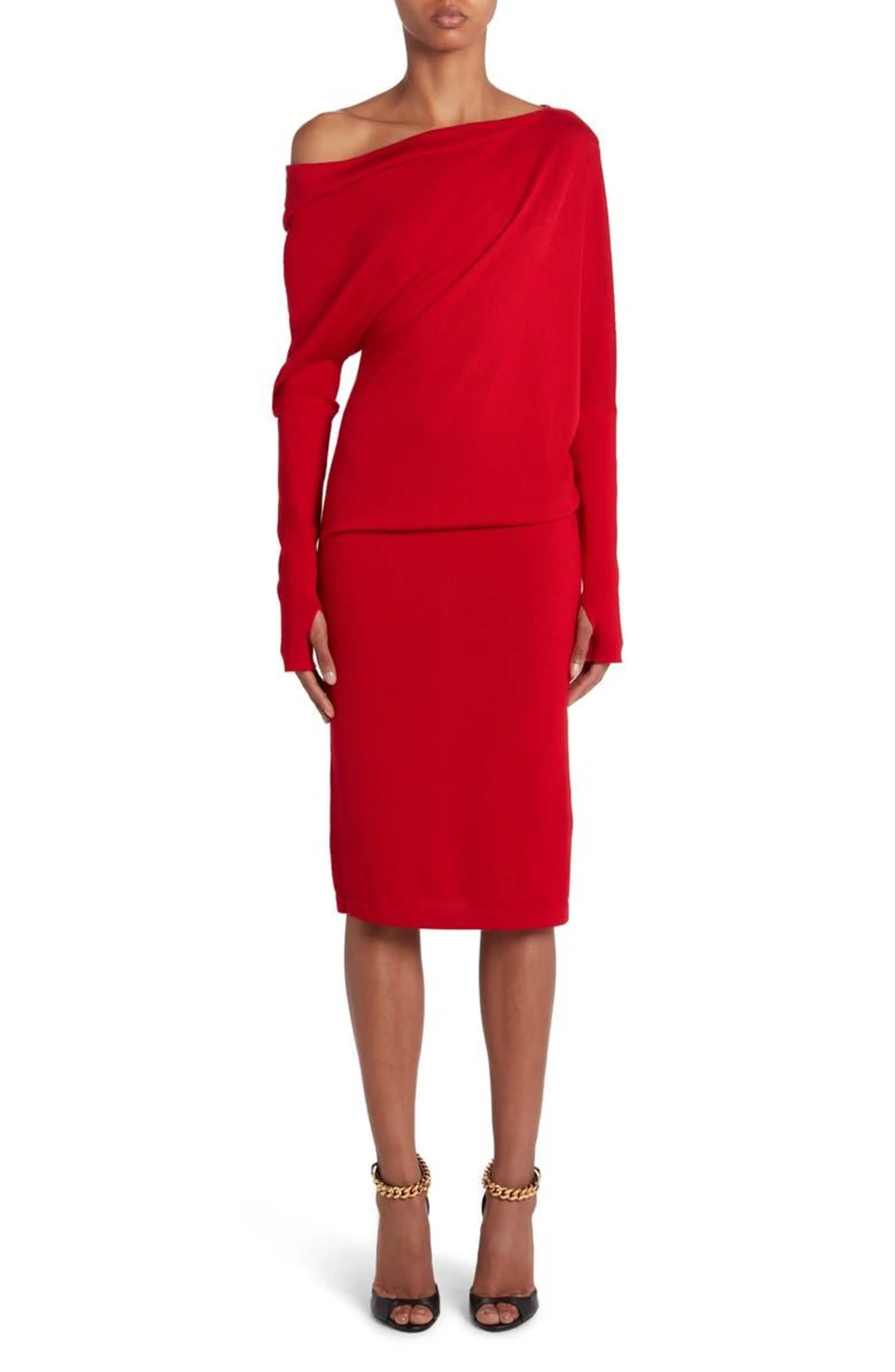 One-Shoulder Long Sleeve Cashmere & Silk Midi Sweater Dress