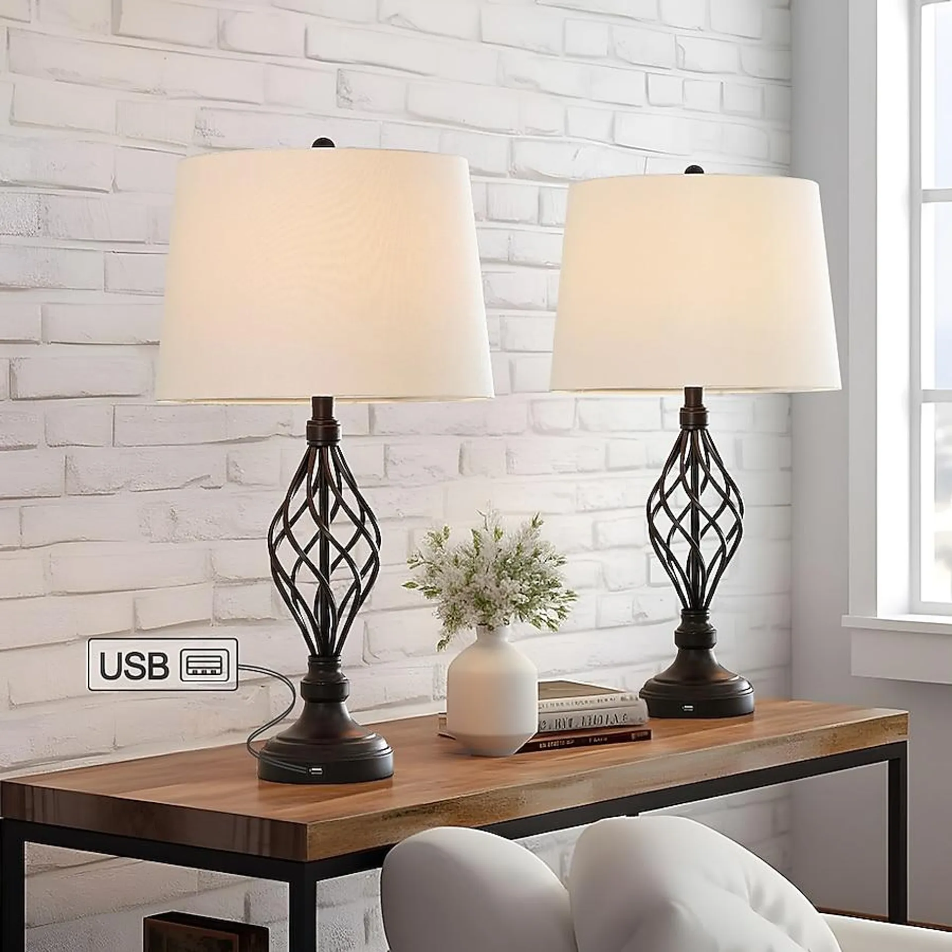 True Fine 28-in Bronze LED 3-way Table Lamp with Fabric Shade (Set of 2)