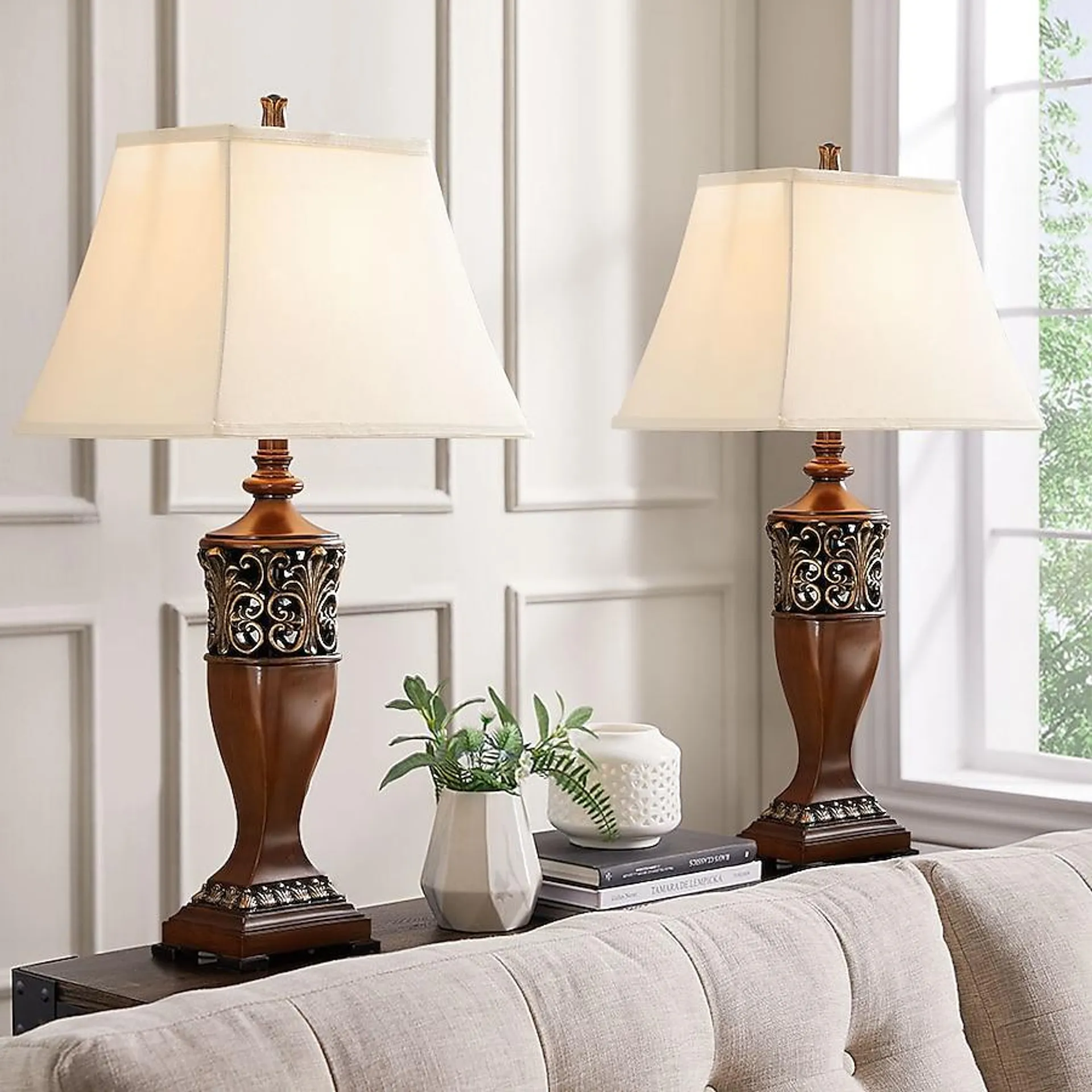 True Fine 30-in Wood Tone LED Rotary Socket Table Lamp with Fabric Shade (Set of 2)