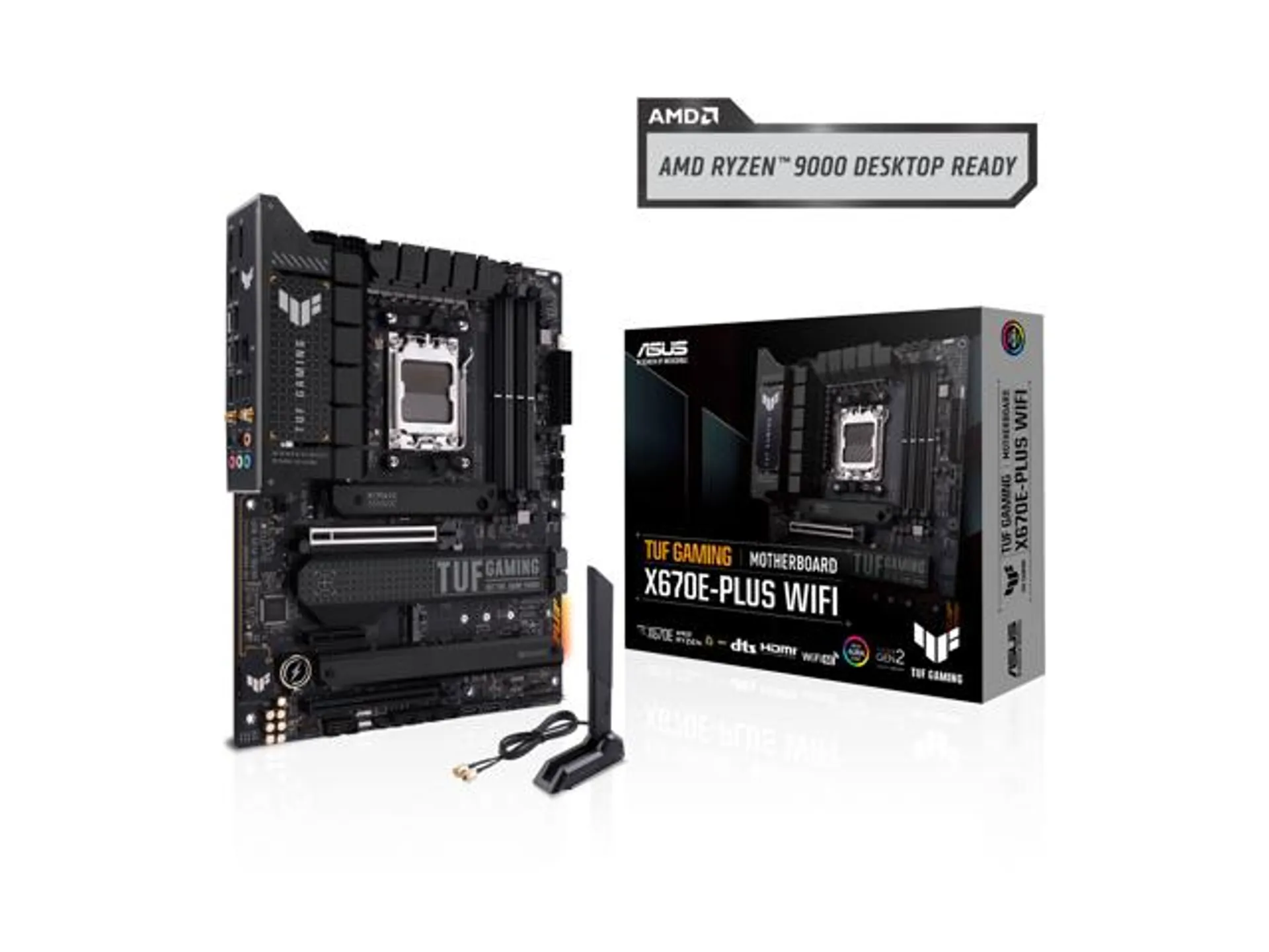 ASUS TUF GAMING X670E-PLUS WIFI AMD X670 AM5 Ryzen Desktop 9000 8000 & 7000 ATX motherboard 14+2 Power Stages, PCIe 5.0, DDR5, 4x M.2 slots, USB 3.2 Gen 2x2 Type-C, USB4 support, WiFi 6E, 2.5Gb