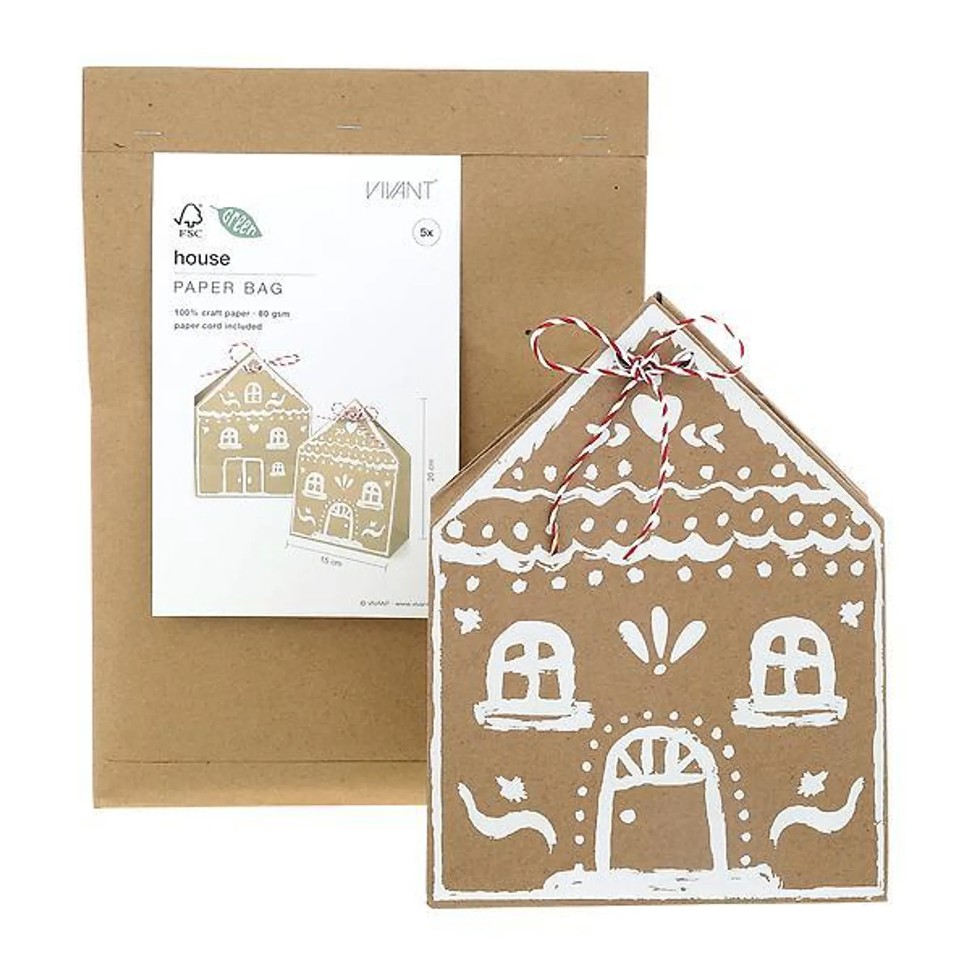 Medium Paper Gingerbread House-Shaped Bag Kraft Pkg/5