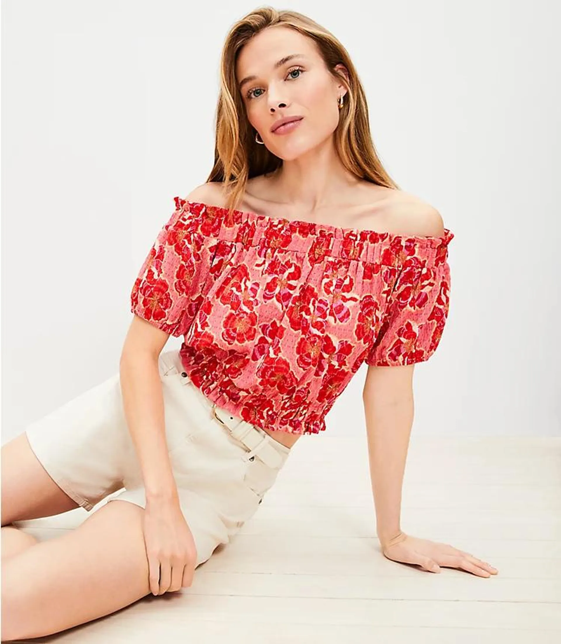 Floral Crinkle Jacquard Off The Shoulder Top