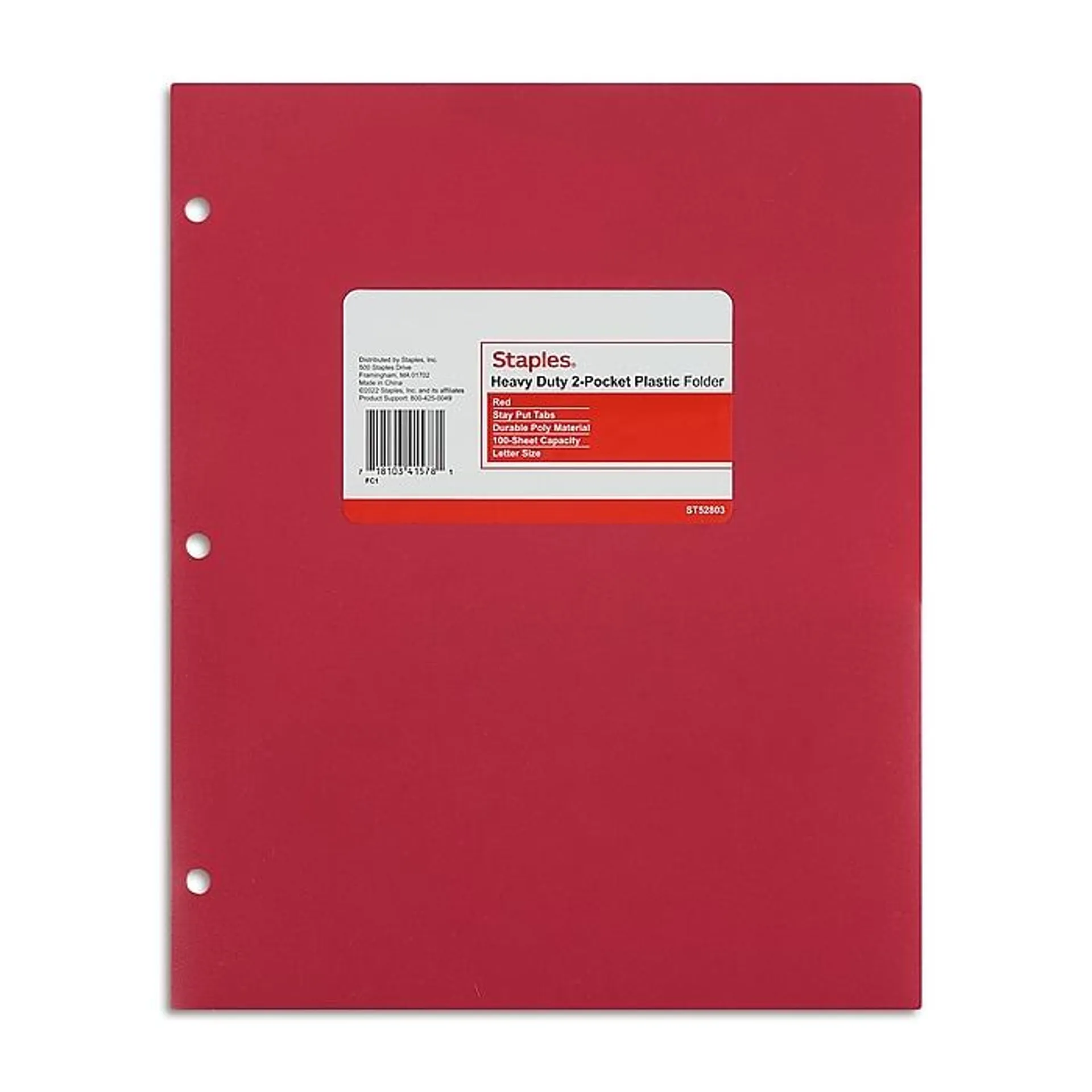 Staples 3-Hole Punched 2-Pocket Plastic Portfolio Folder,