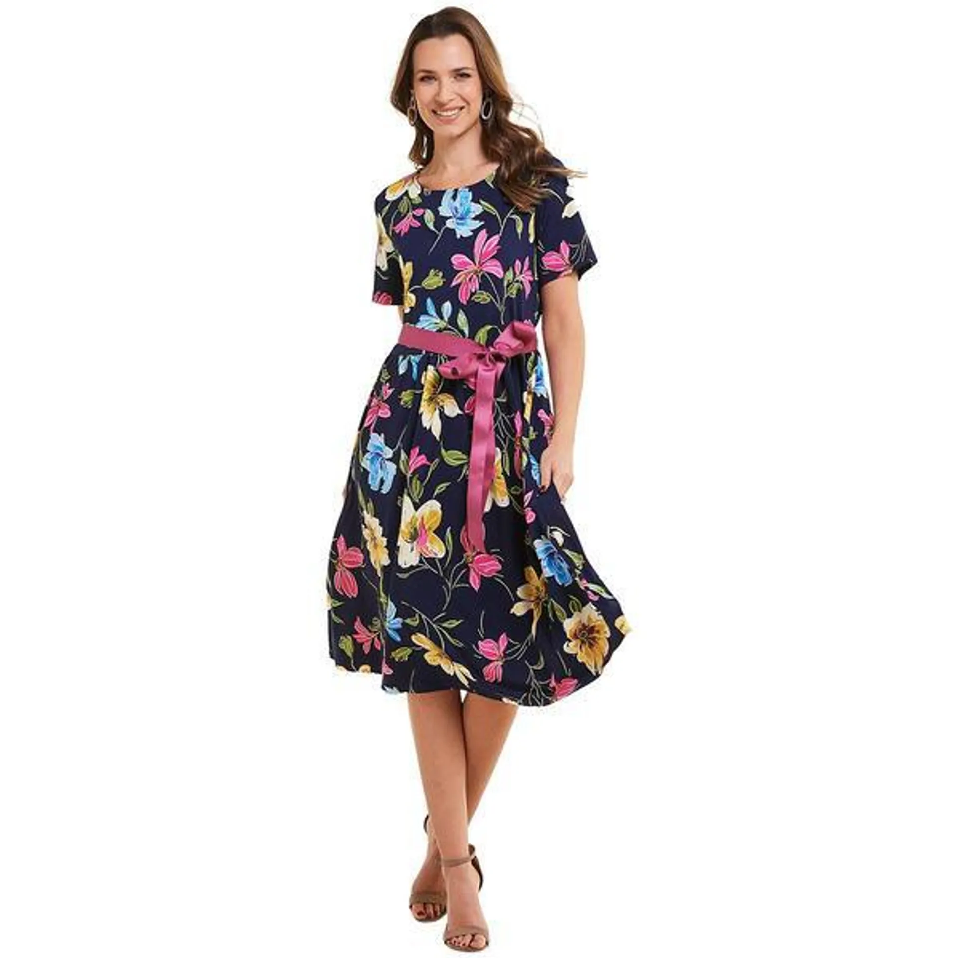 Womens Ellen Weaver Floral A-Line Ribbon Belt Dress - Navy