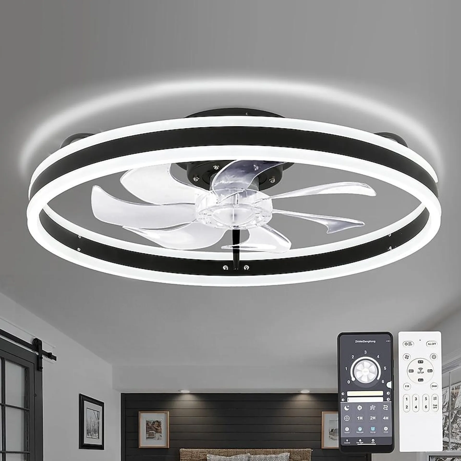 Oaks Decor Cotti 20-in Black with Clear Blades Color-changing Integrated LED Indoor Flush Mount Fandelier Ceiling Fan with Light and Remote (7-Blade)