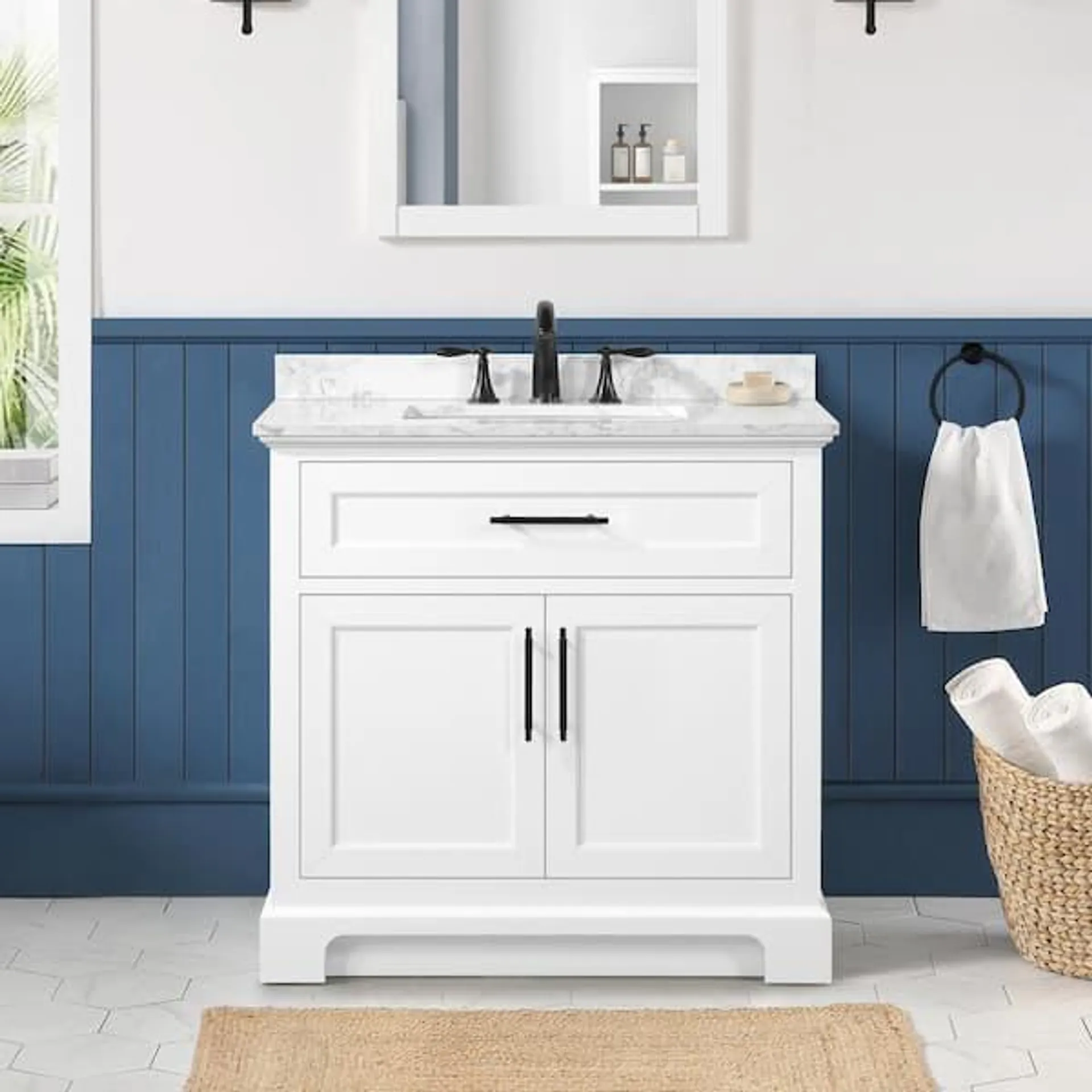 Doveton 36 in. Single Sink Freestanding White Bath Vanity with White Engineered Marble Top (Assembled)