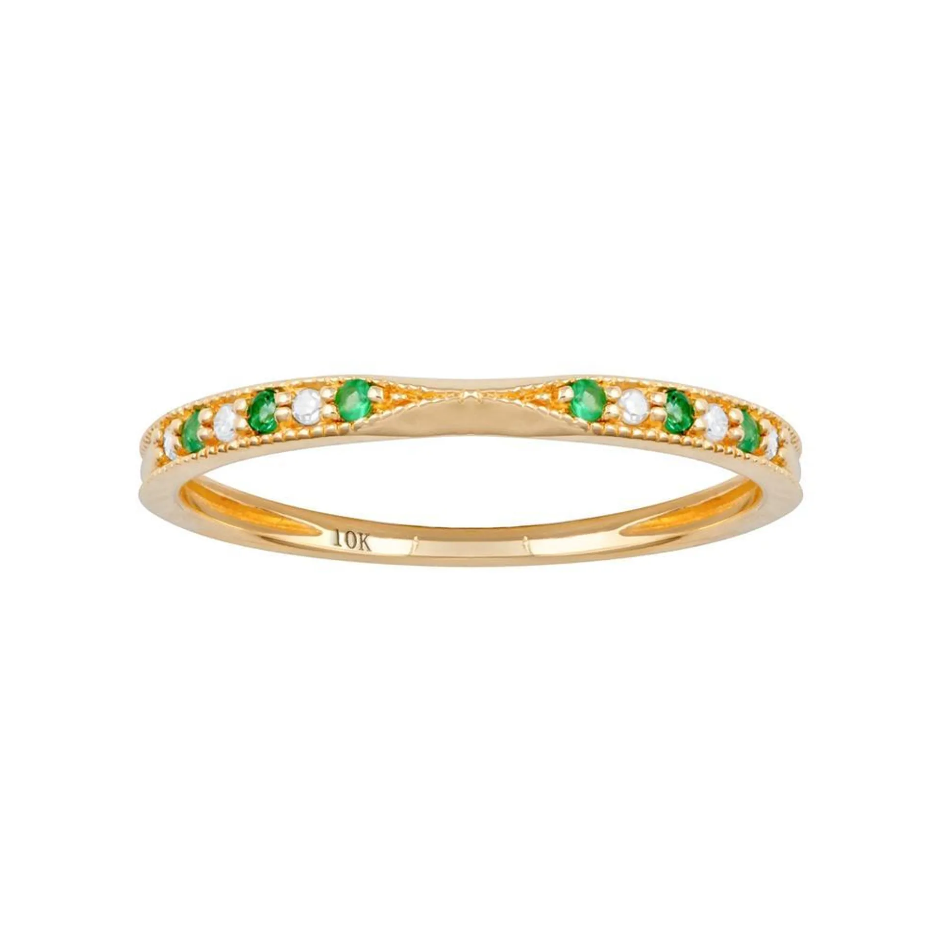 Viducci 10k Yellow Gold Vintage Style Emerald and Diamond Stackable Band