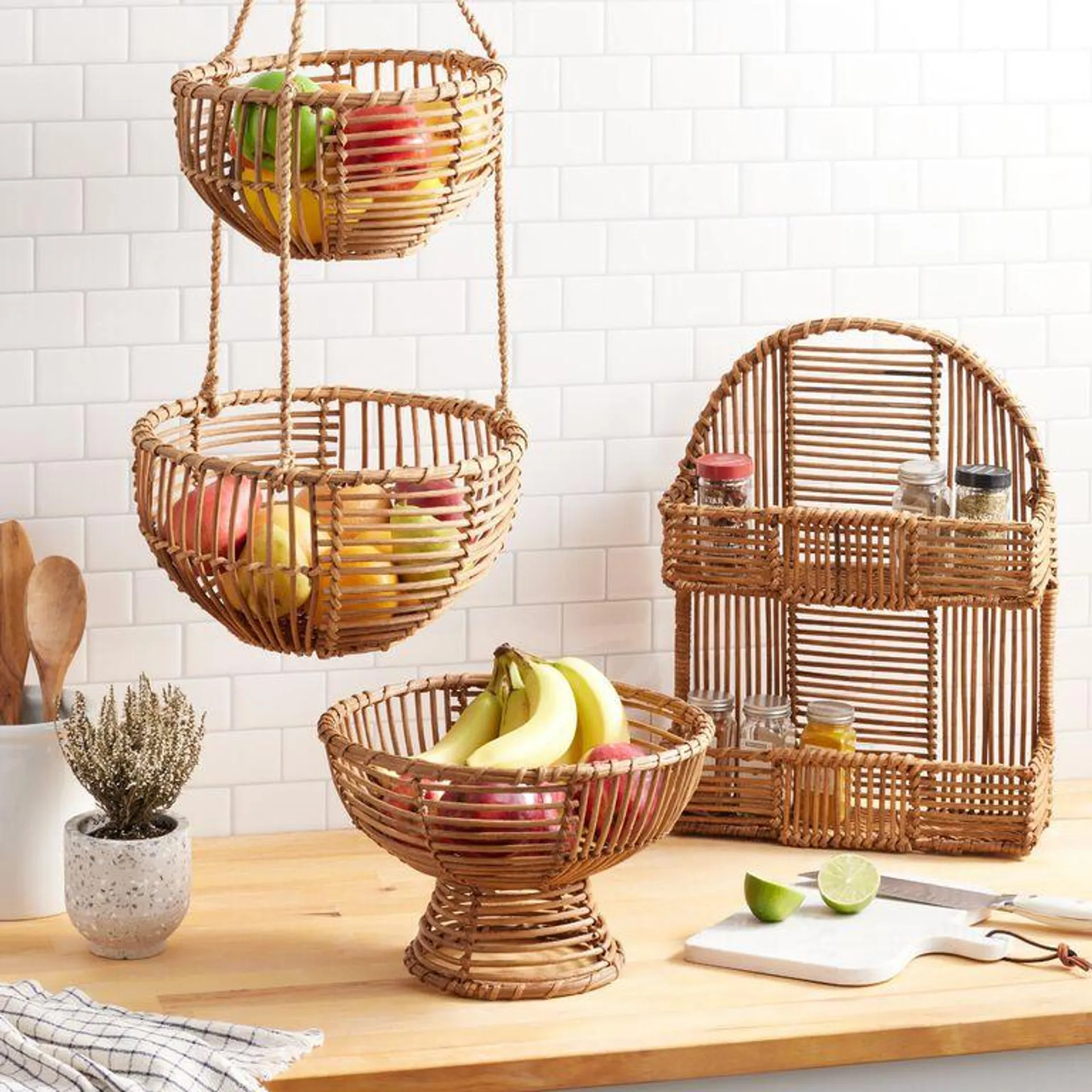 Natural Rattan 2 Tier Hanging Basket