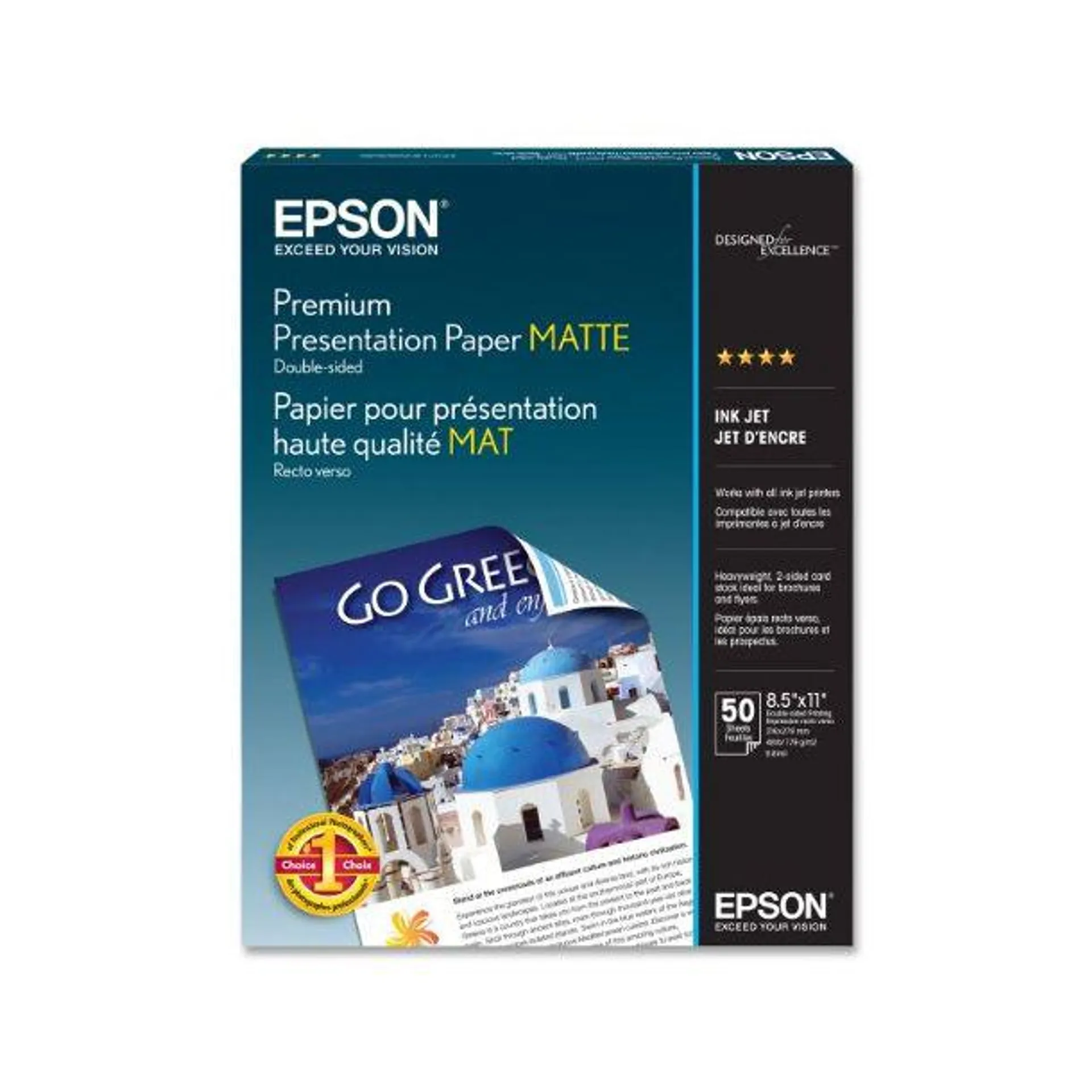 Epson Premium Presentation Paper Matte 8.5X11 Double-Sided 50 Sheets S041568 Bright White