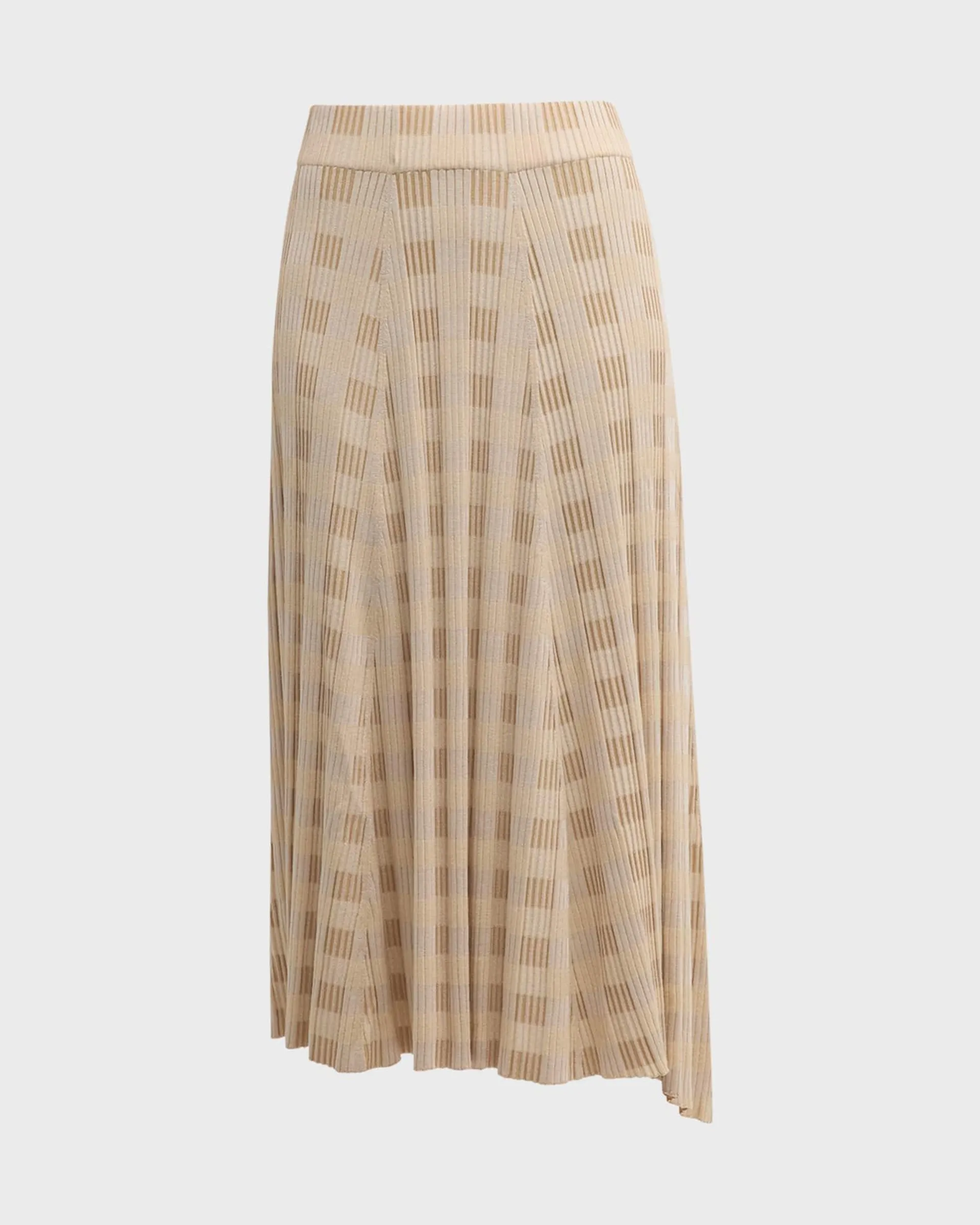 Asymmetric Ribbed Check-Print Midi Skirt