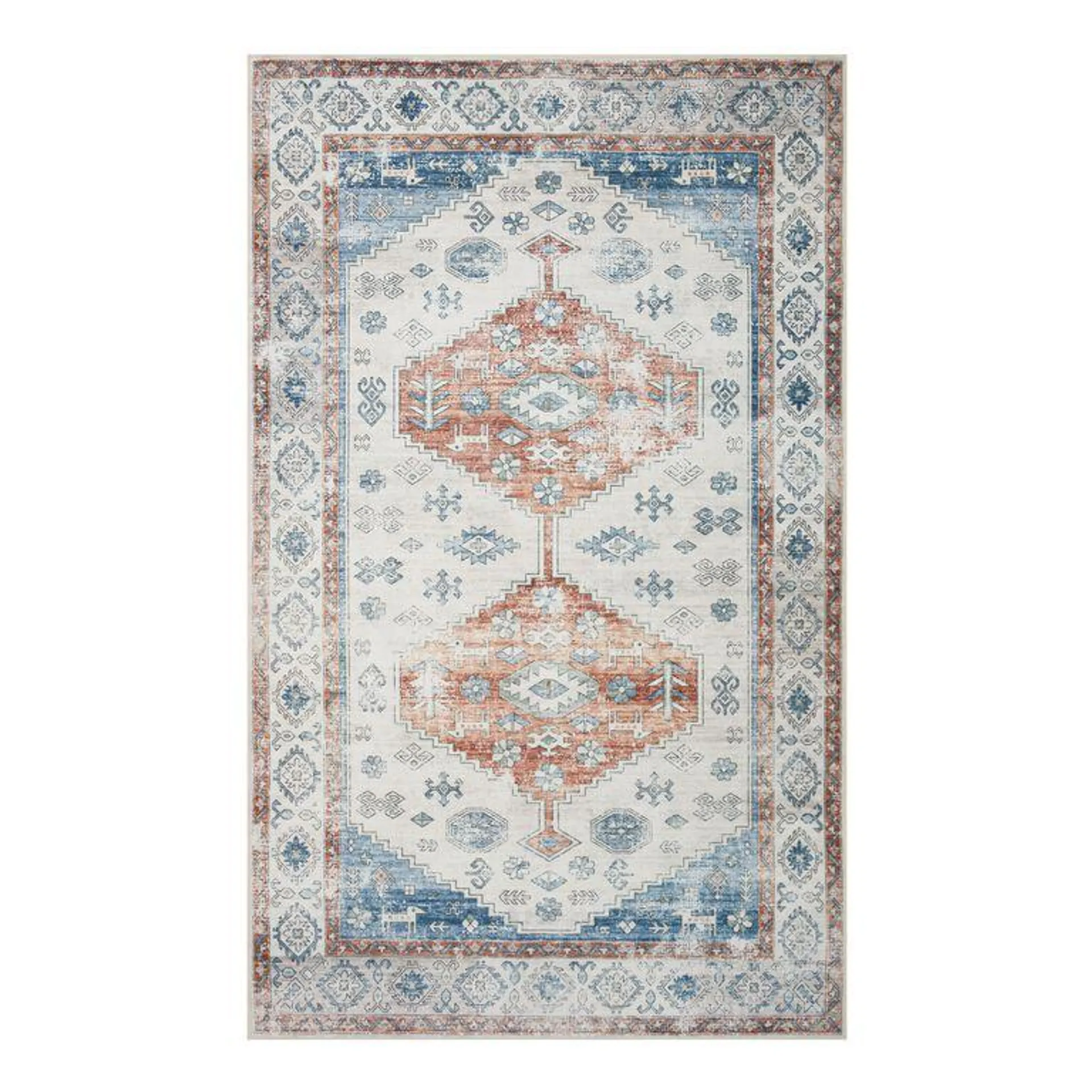 Niko Blue and Rust Distressed Washable Area Rug