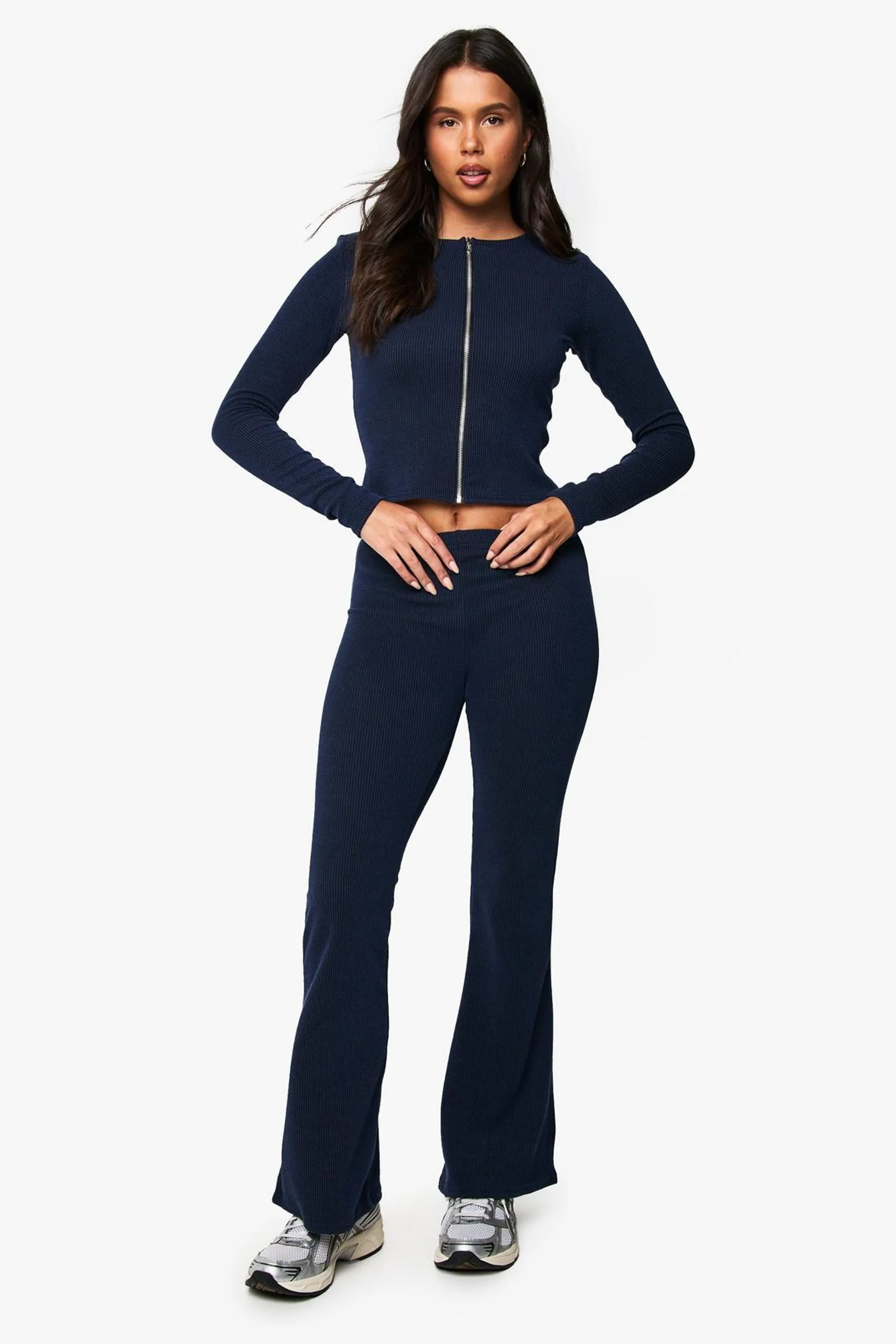 2 Tone Rib Zip Up Top & Flared Trouser