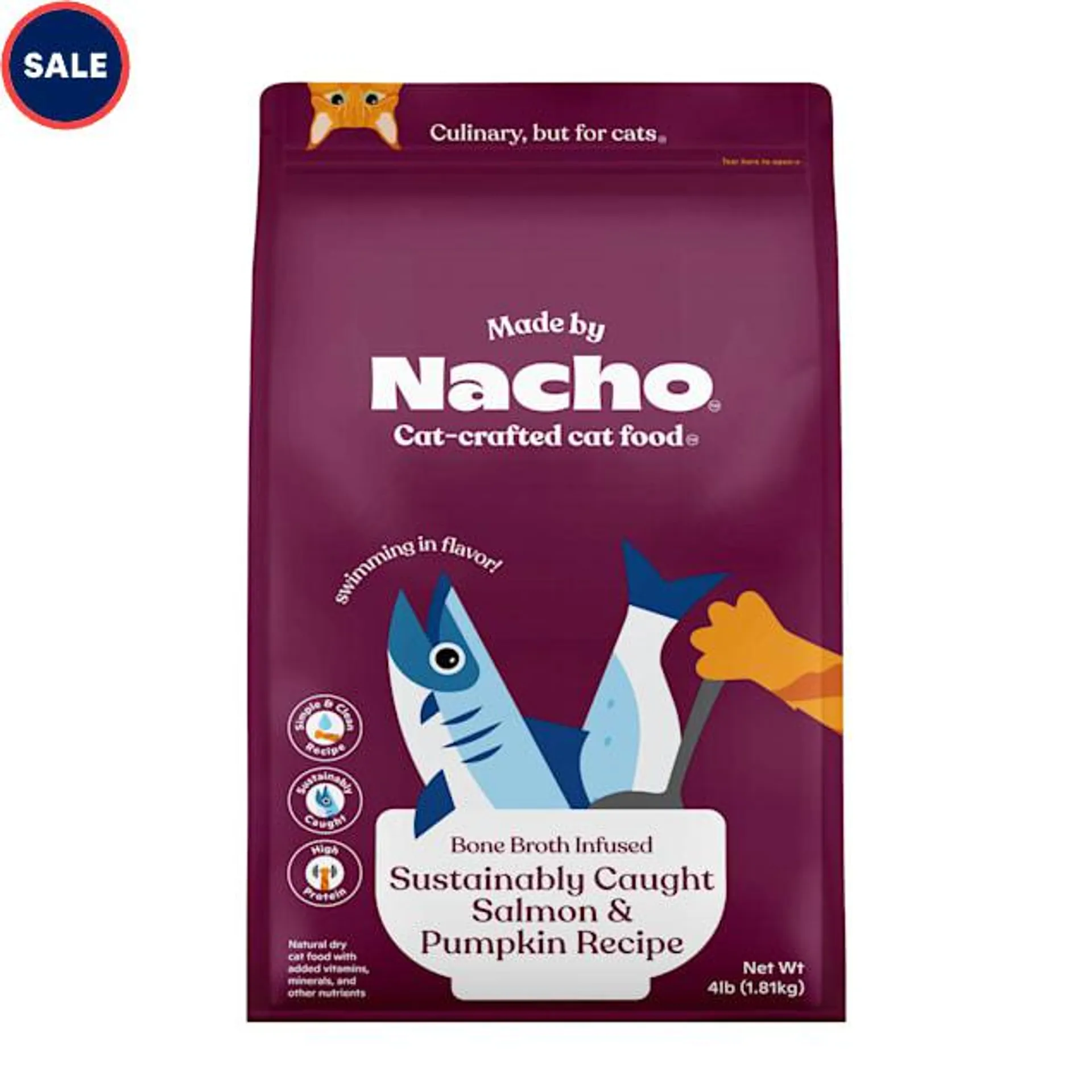 Made by Nacho Premium Grain-Friendly Salmon & Pumpkin Recipe Bone Broth Infused Dry Cat Food, 4 lbs.