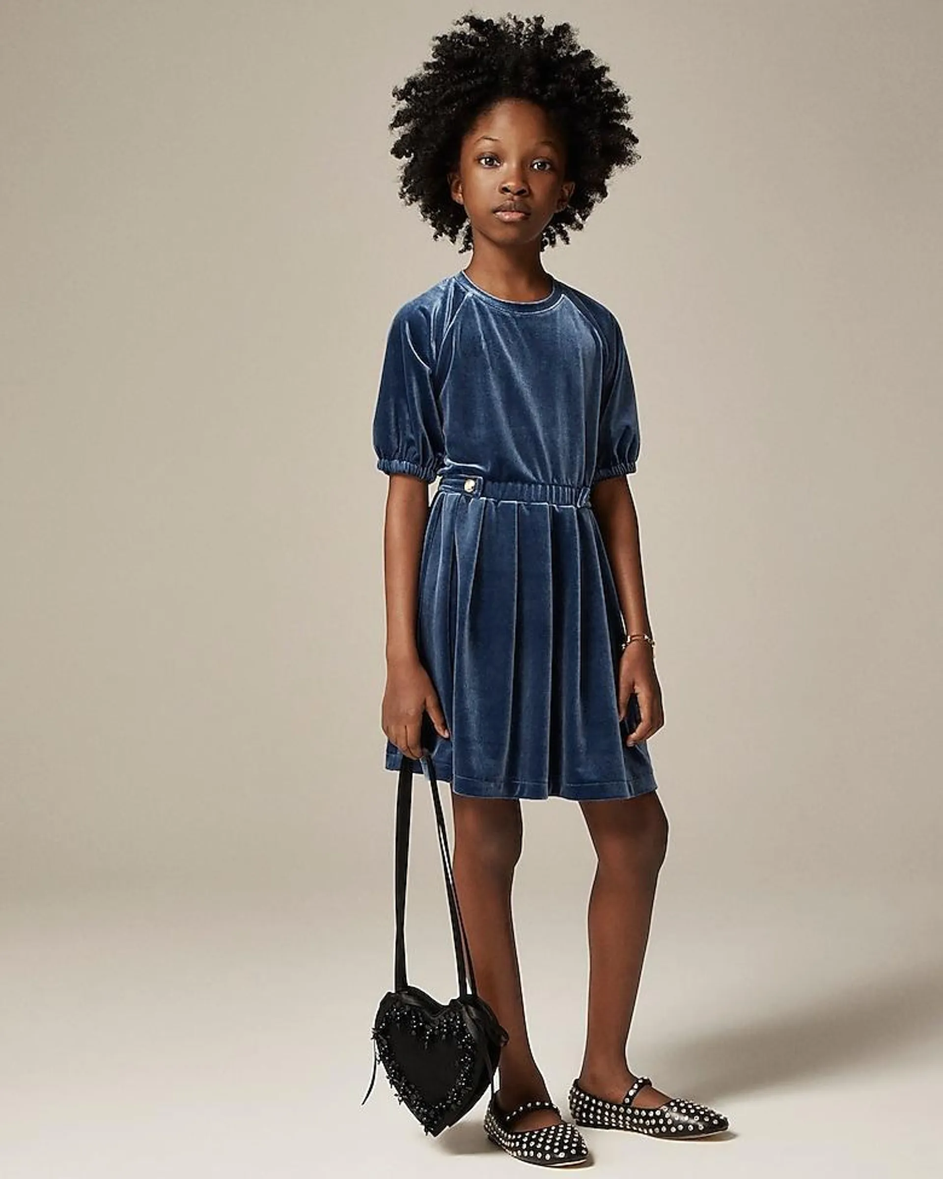 Girls' button-waist velvet dress