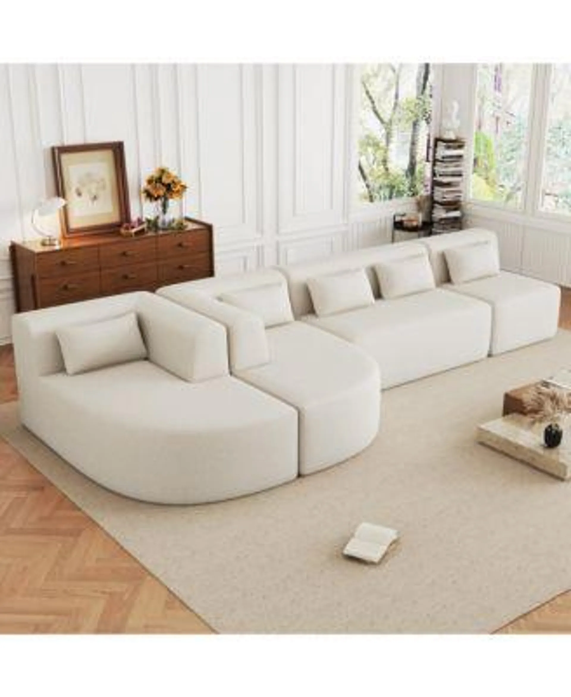 Streamdale Furniture 143.7" Upholstered Sofa Free-combined Sofa Couch with Two Chaise Lounge and Five Back Pillows for Living Room, Beige