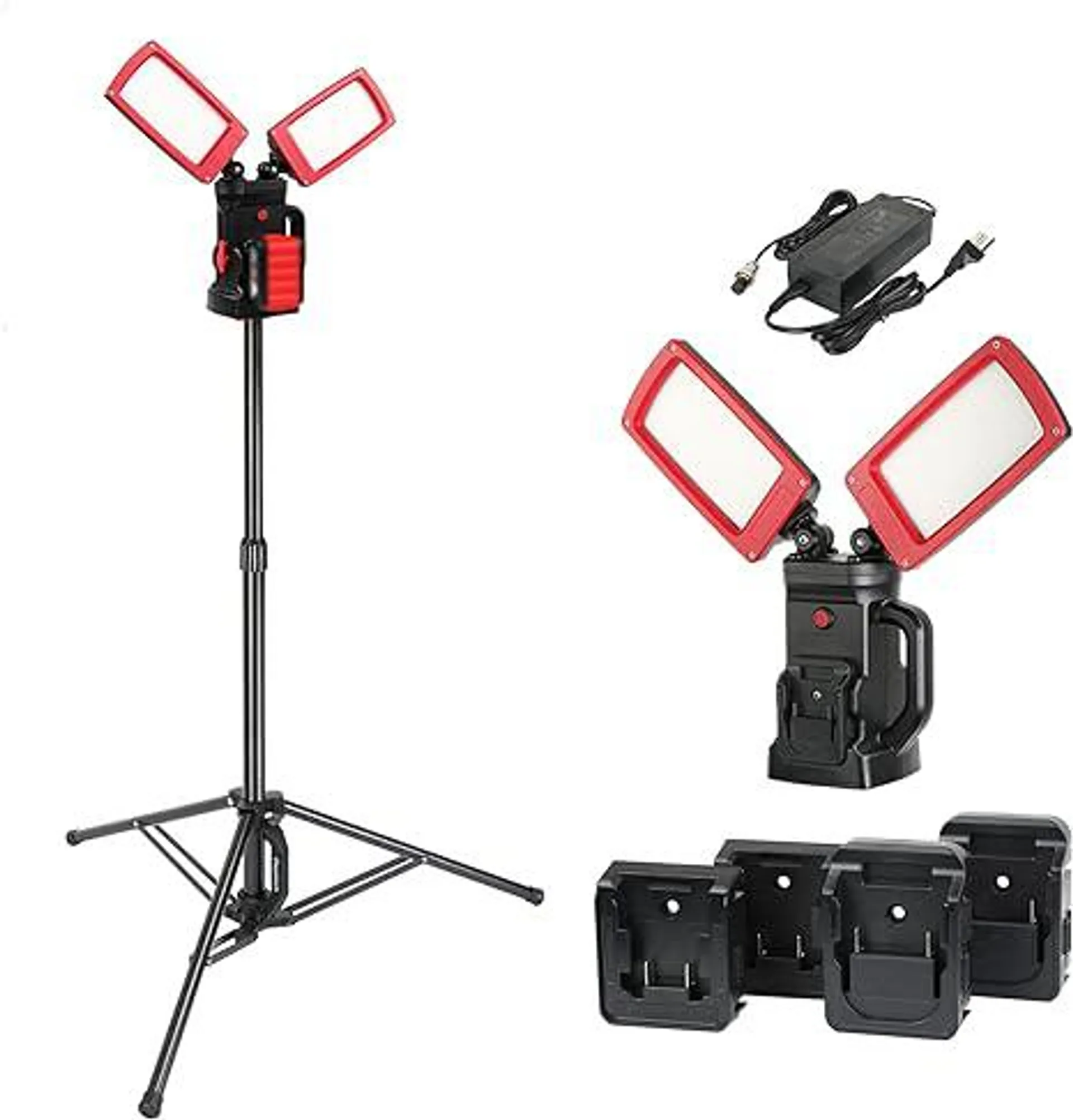 Cordless 12000 Lumen Work Light with Tripod Stand, Compatible with Dewalt, Milwaukee and Makita 18-20v Battery, Brightness Adjustable, Glare and Flicker Free, with Power Charger, Red