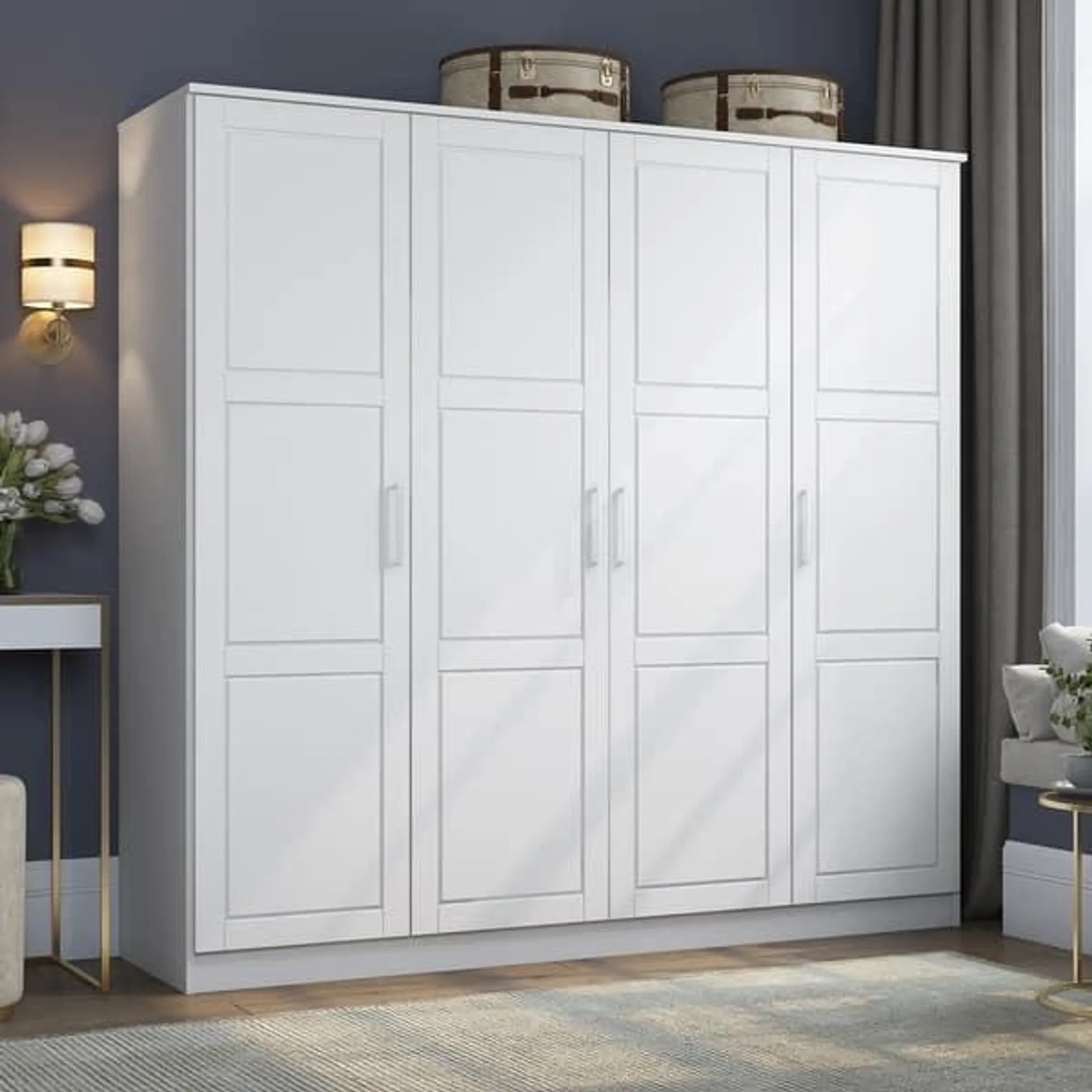 100% Solid Wood Cosmo 4-Door Wardrobe with Solid Wood or Mirrored Doors by Palace Imports