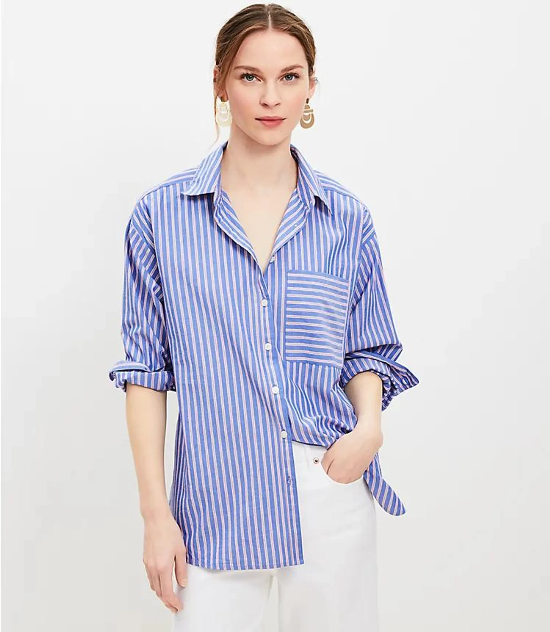 Striped Cotton Blend Oversized Pocket Shirt