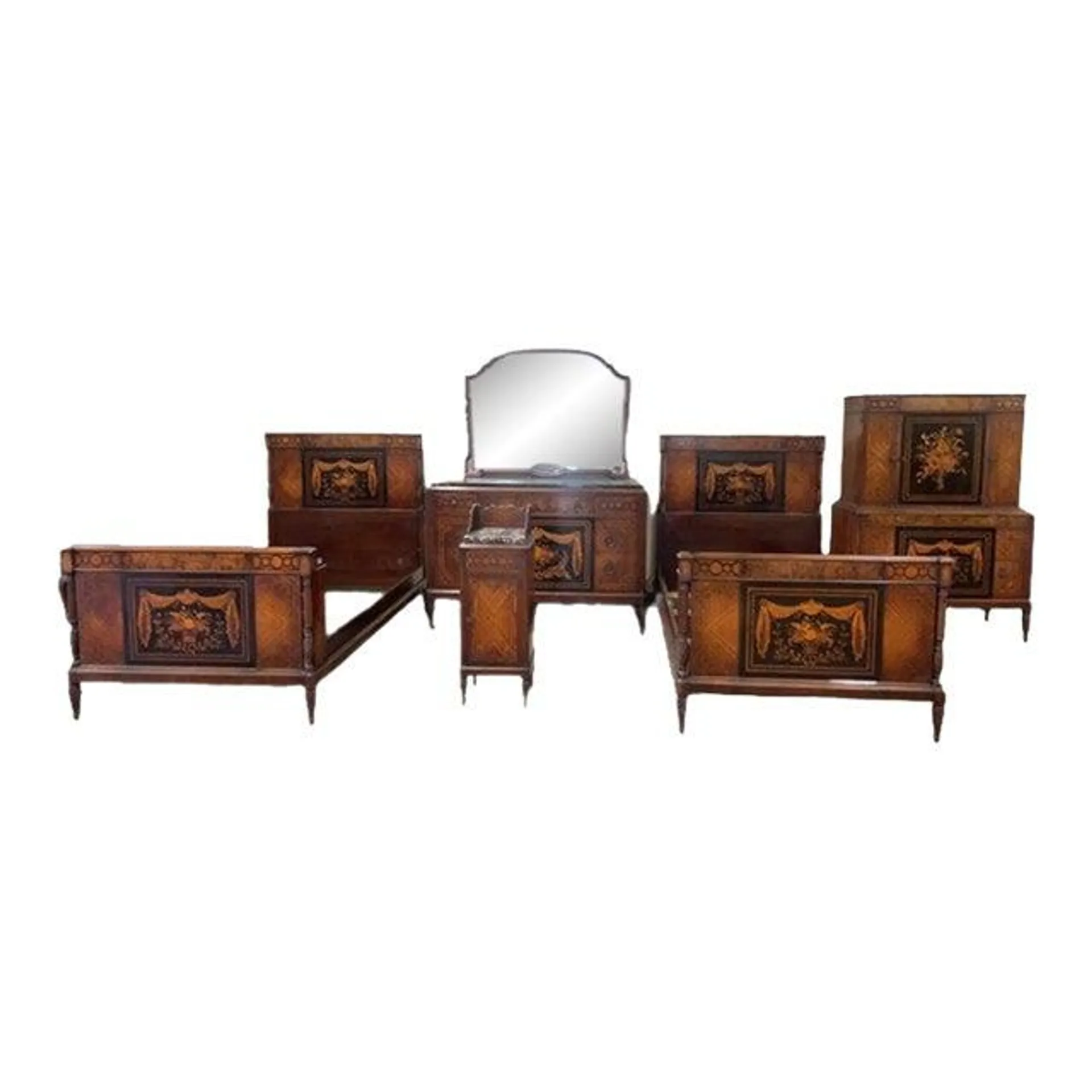 19th Century Classical Five Piece Mahogany & Marquetry Bedroom Set