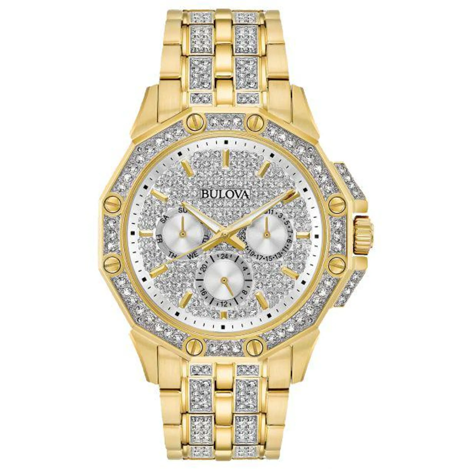 Bulova Men's Crystal Accented Silver Dial Stainless Steel Bracelet Watch - Gold