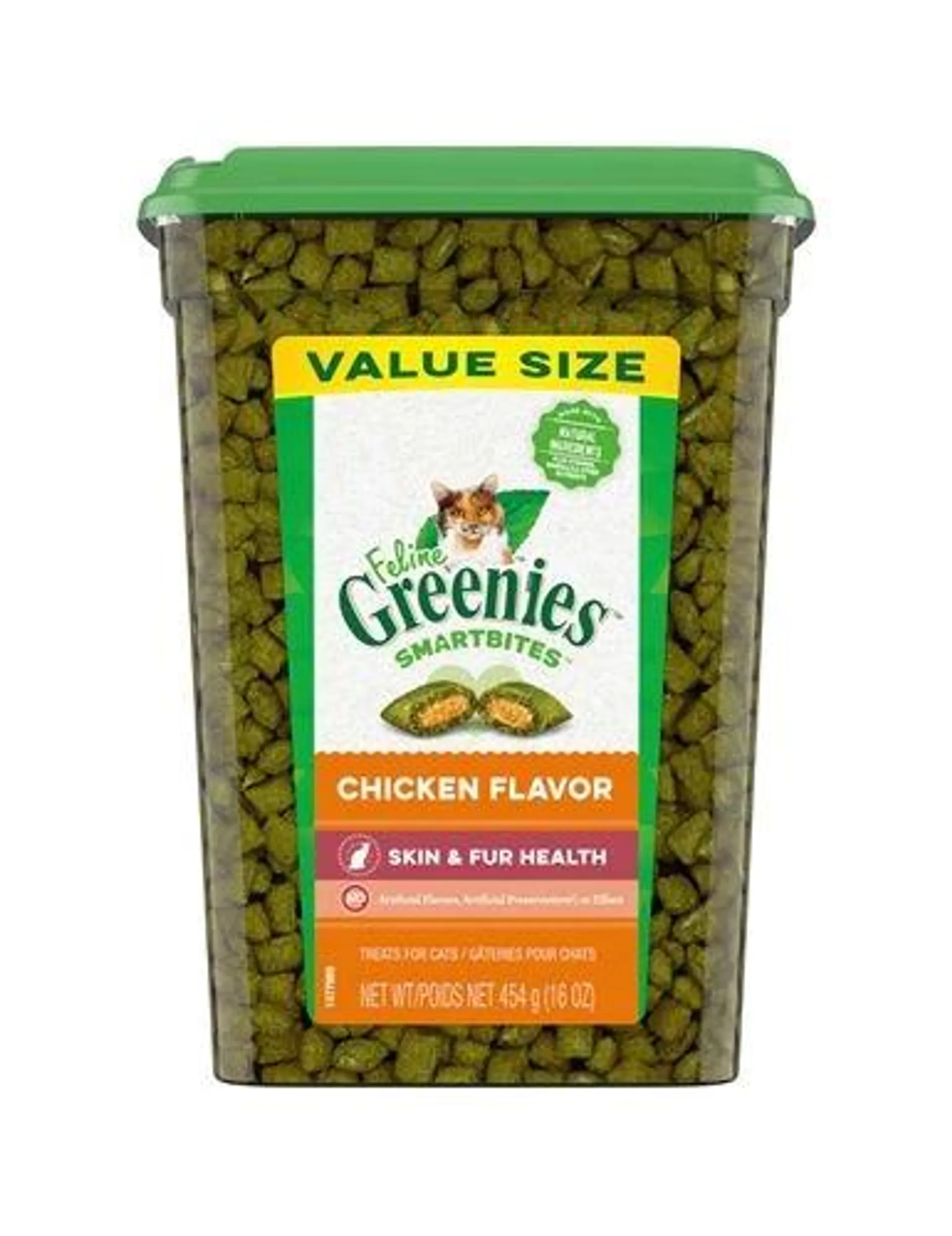 FELINE GREENIES SMARTBITES Skin & Fur Crunchy and Soft Textured Adult Natural Cat Treats, Chicken Flavor, 16 Ounce Tub