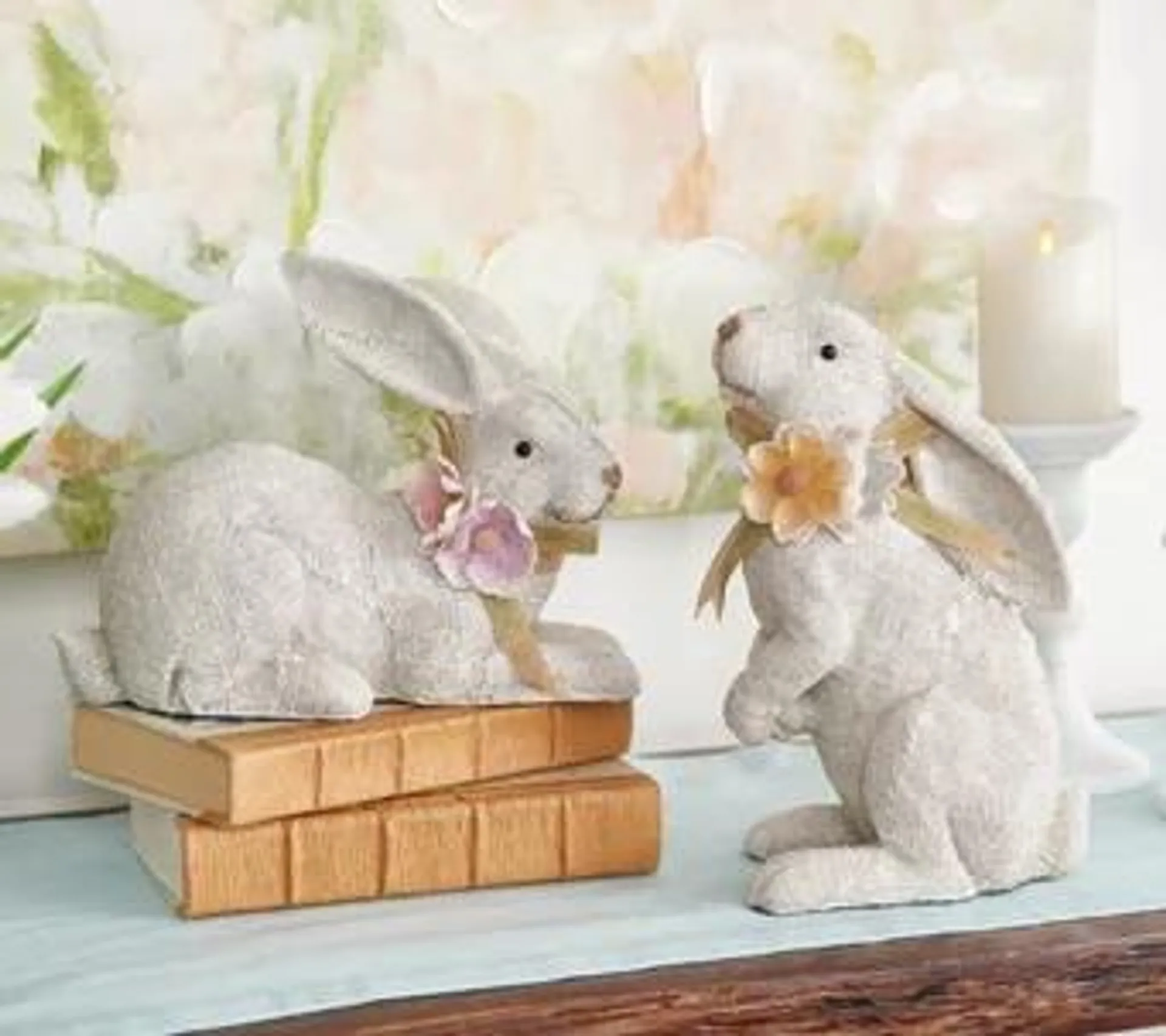 Set of 2 Burlap Bunnies with Flowers by Valerie