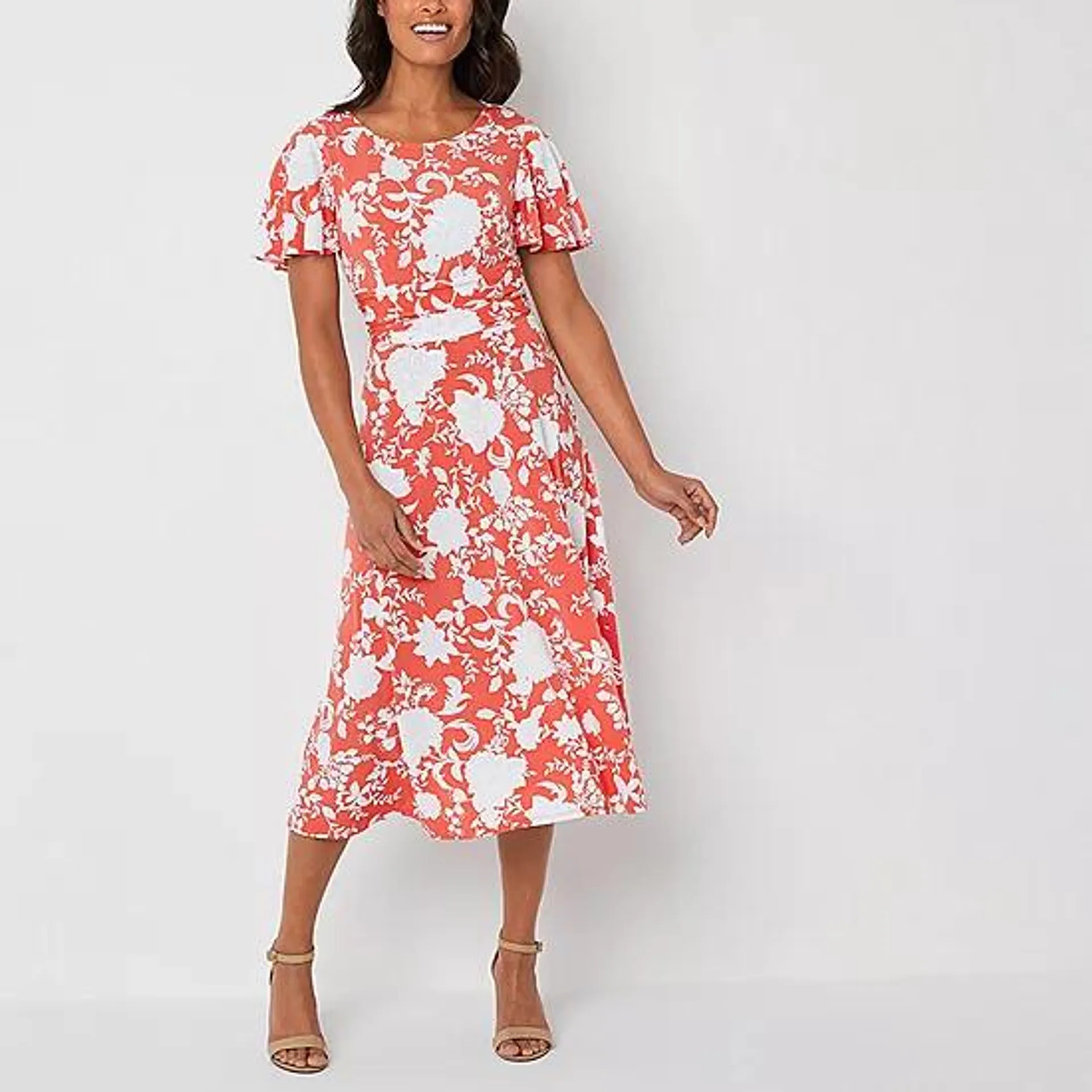 Perceptions Short Sleeve Floral Puff Print Midi Fit + Flare Dress