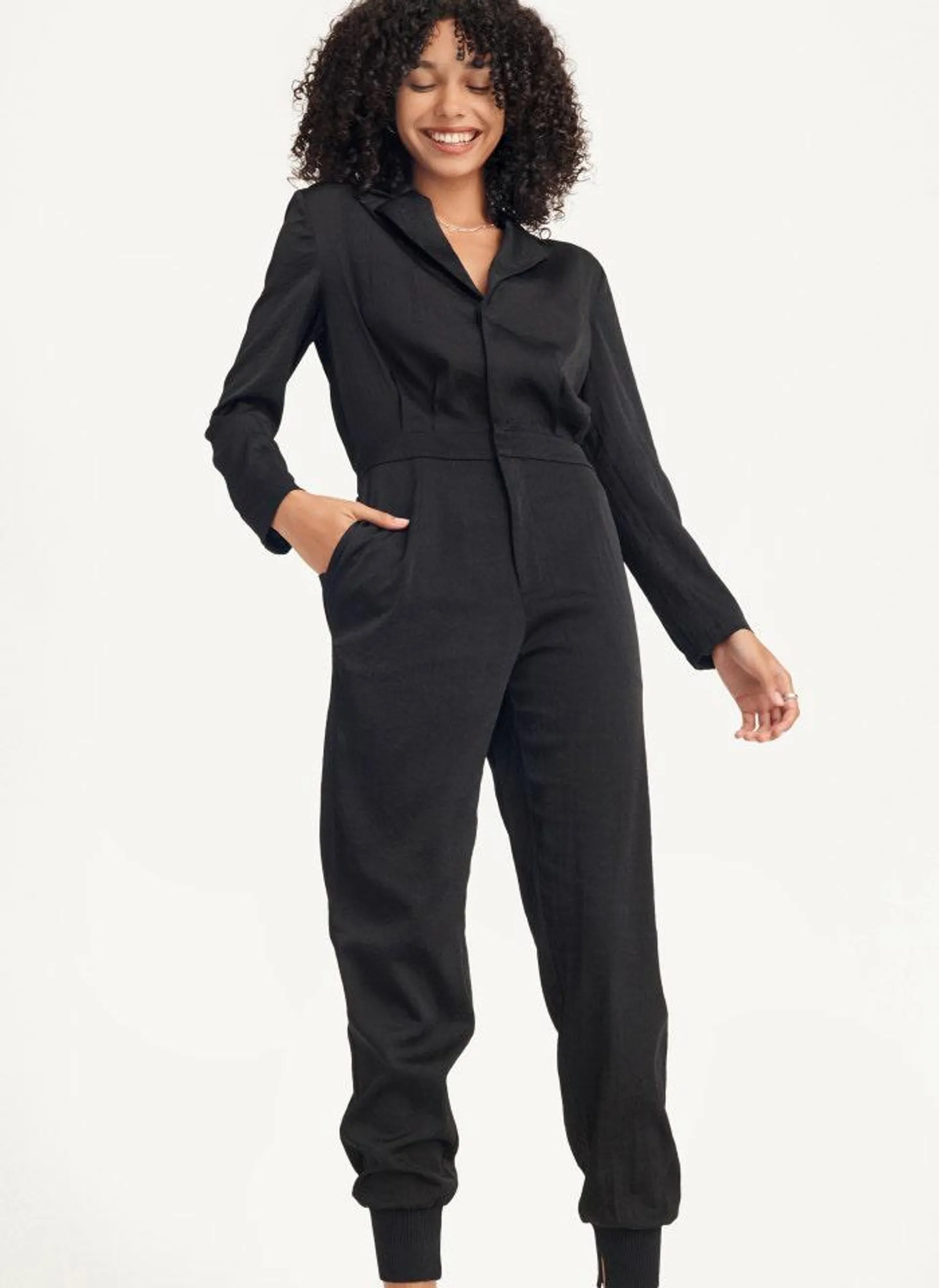 Long Sleeve Button Front Jumpsuit With Lapel