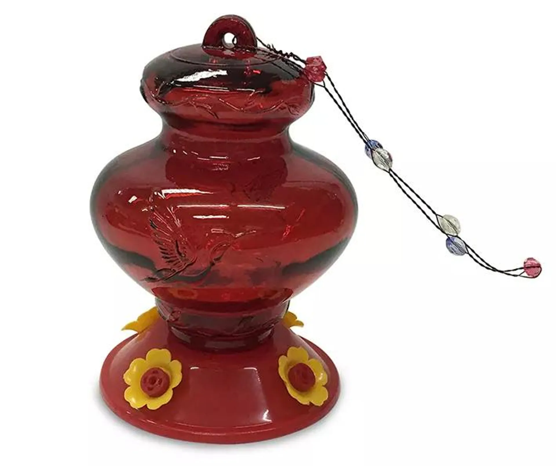 Red Glass Finial Hummingbird Feeder