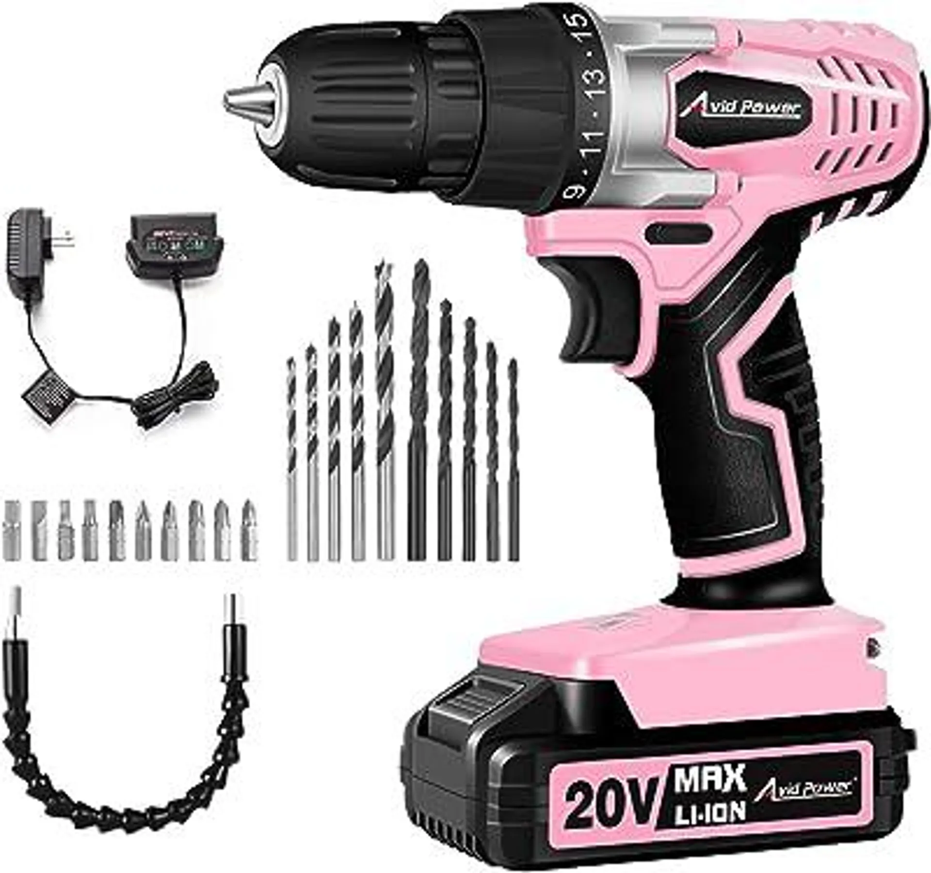 AVID POWER 20V MAX Lithium lon Cordless Drill Set, Power Drill Kit with Battery and Charger, 3/8-Inch Keyless Chuck, Variable Speed, 16 Position and 22pcs Drill Bits (Pink)