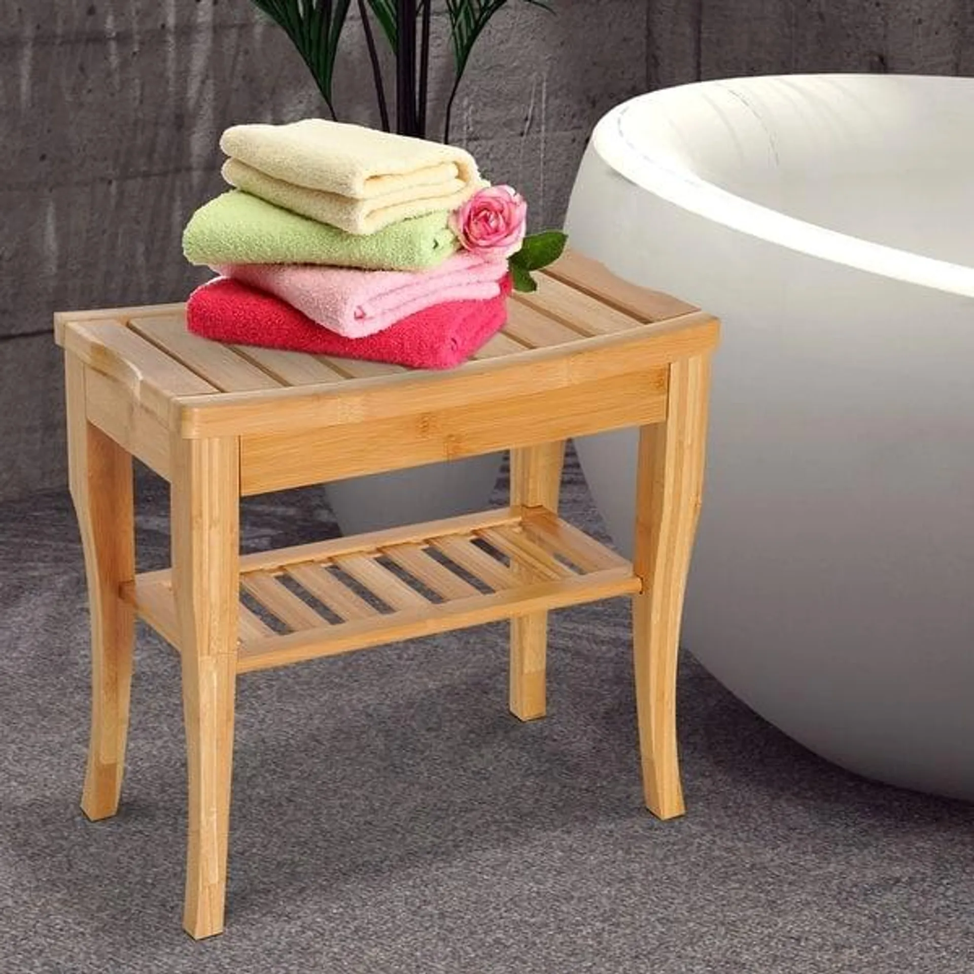 HomCom 20" Long Bamboo Wood Shower Bench Seat With Lower Storage Shelf - 10.25*19.75*17.5