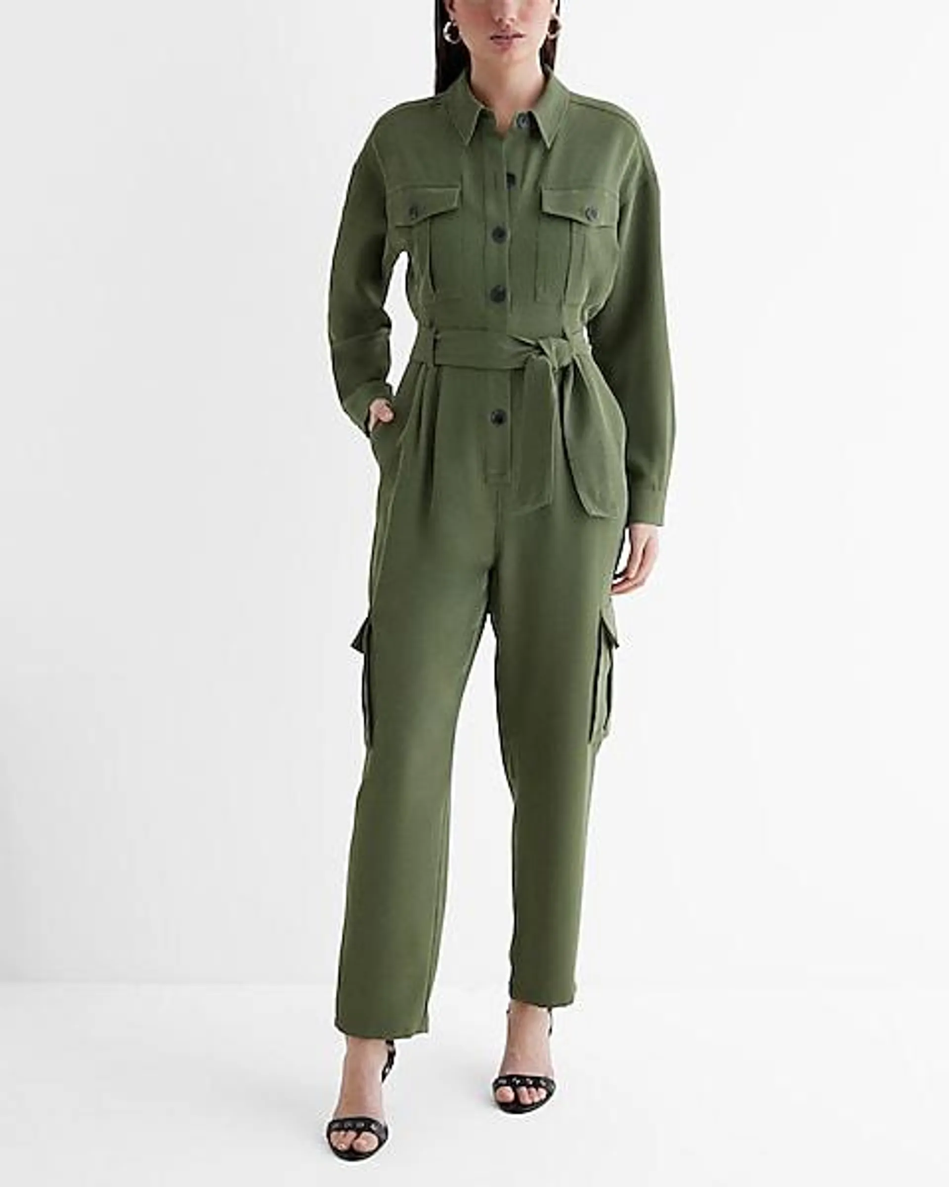 Long Sleeve Tie Waist Utility Jumpsuit