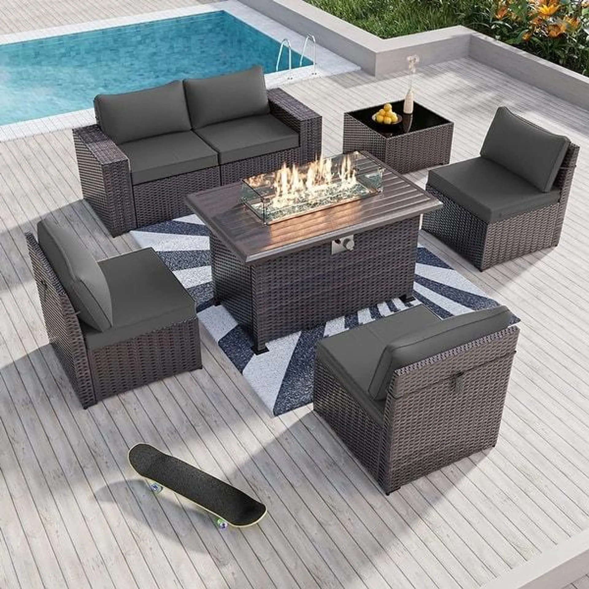 Outdoor Patio Furniture Set, All Weather PE Wicker Sectional Conversion Sofa set w/ Firepit Table