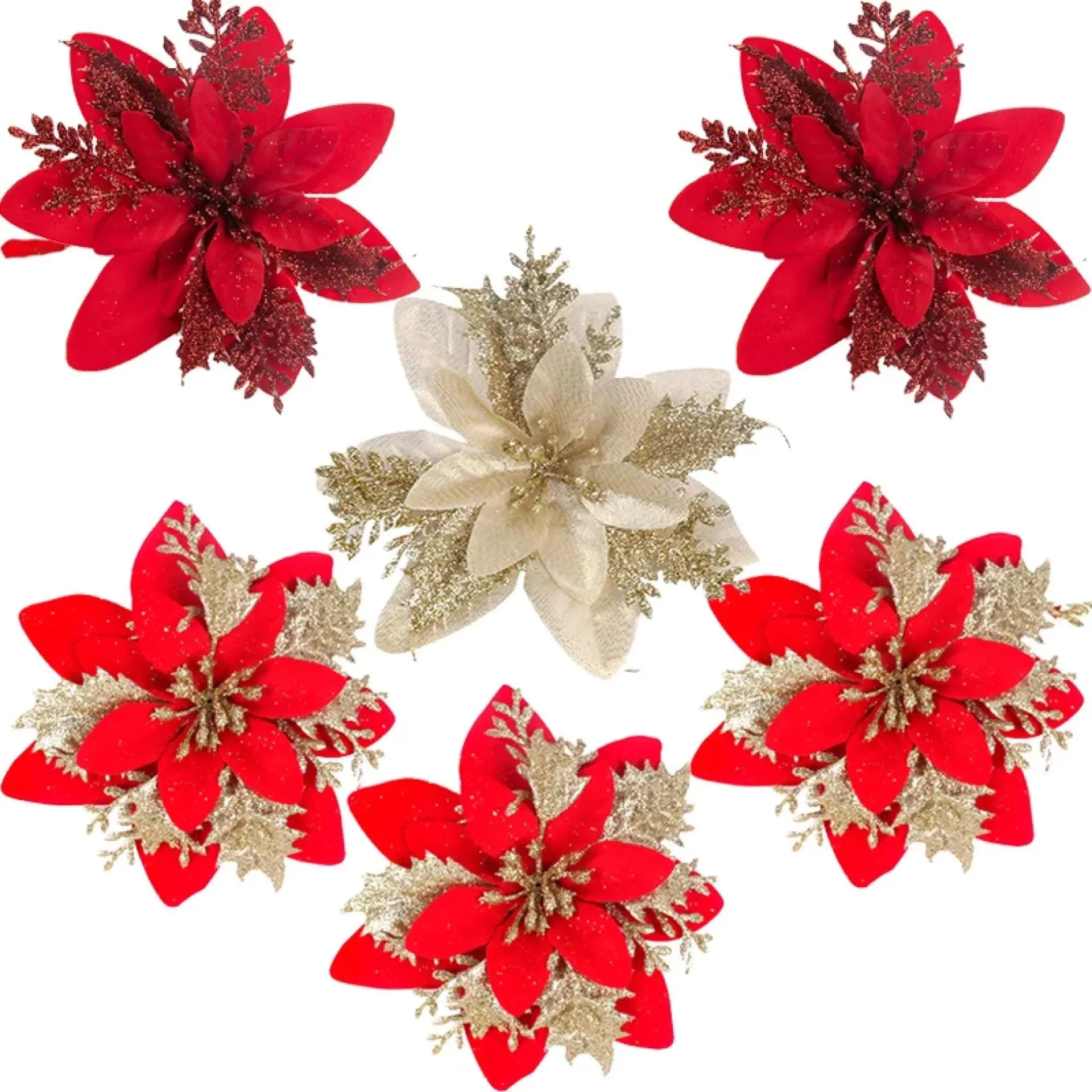 10/5 piezas de 15 cm de flores navideñas con purpurina, flores artificiales de Pascua, adorno para árbol de Navidad, decoración del hogar, Navidad, Año Nuevo