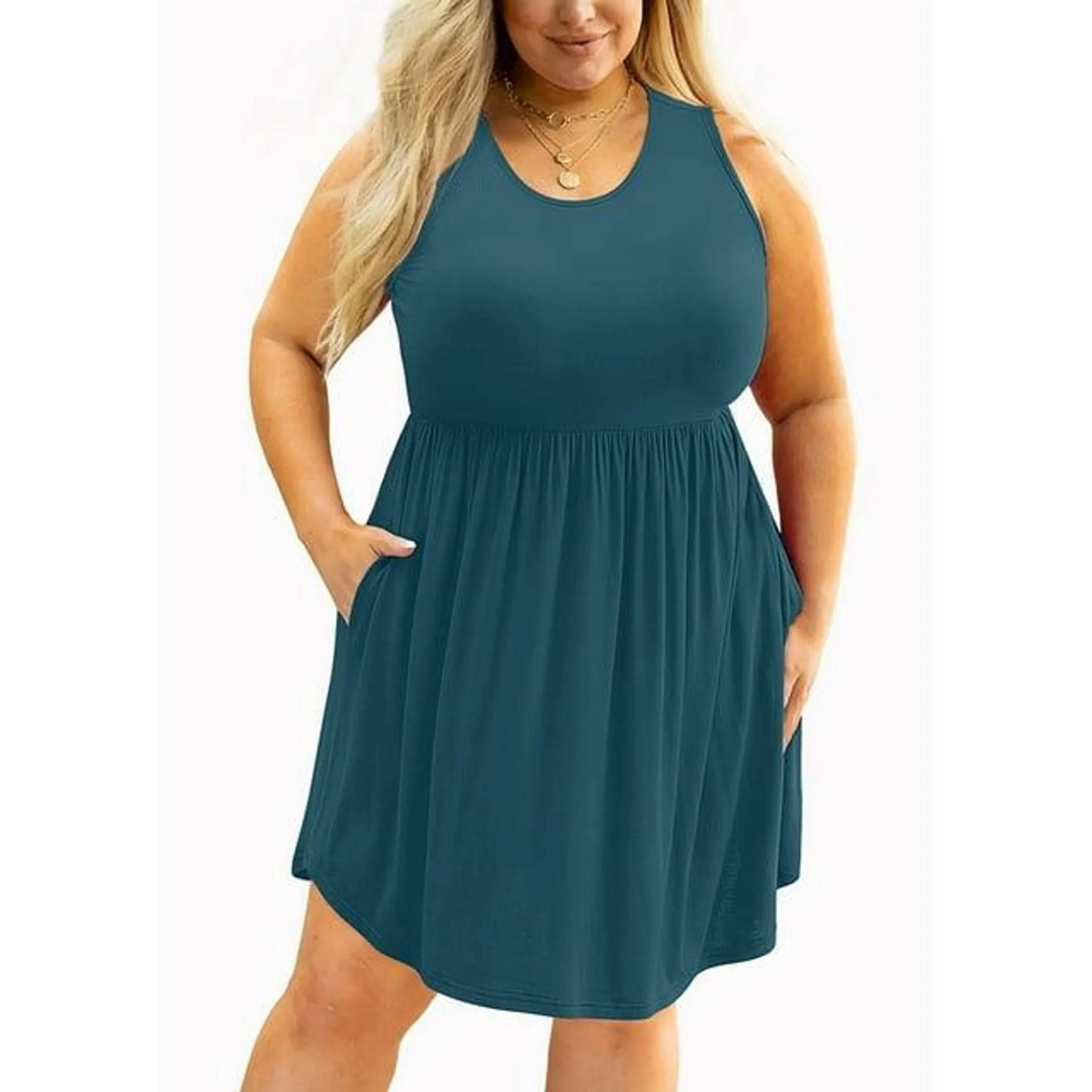 SHOWMALL Plus Size Summer Dress for Women Lake Blue 3X Casual Sleeveless Crewneck Flowy Pleated Sun Beach Boho Elegant Girls Babydoll Swing Dresses with Pockets