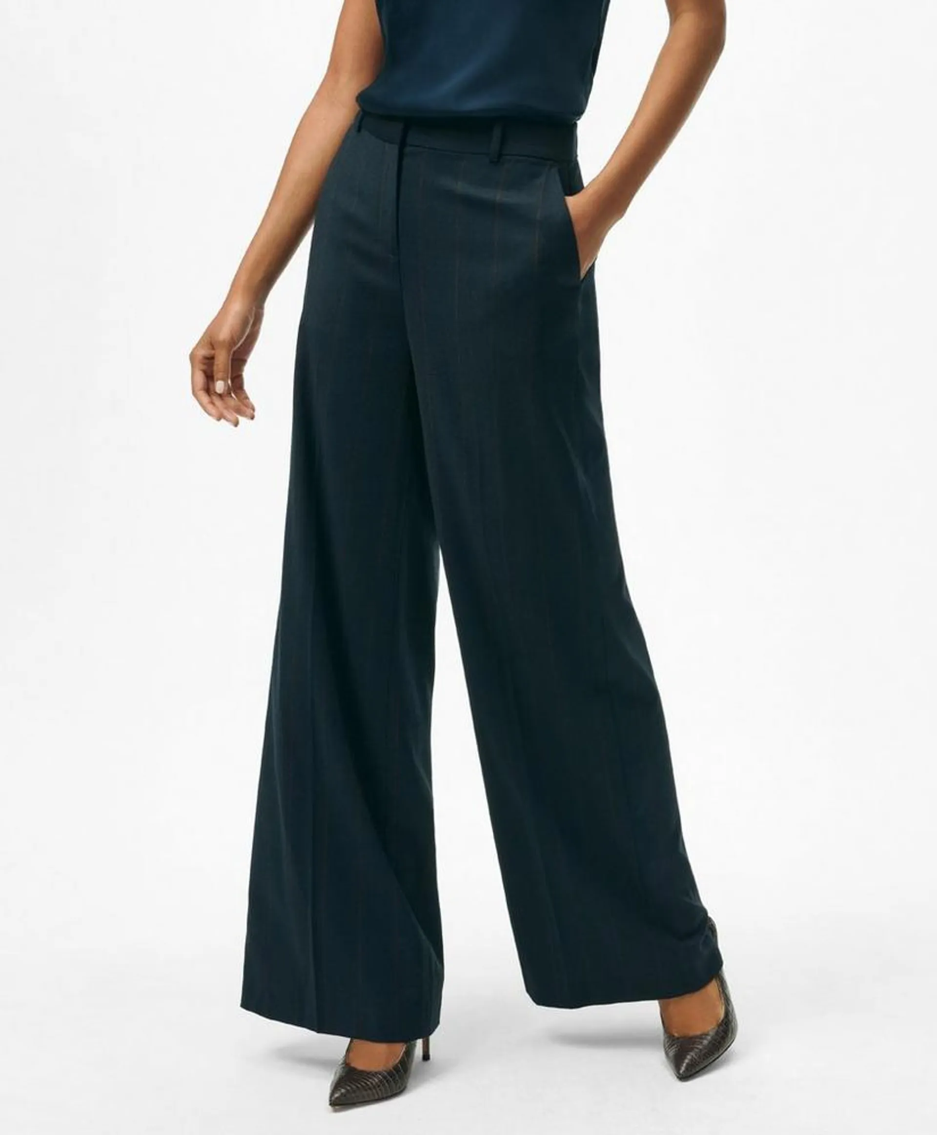 Wide Leg Trousers in Pinstripe Flannel Merino Wool Blend