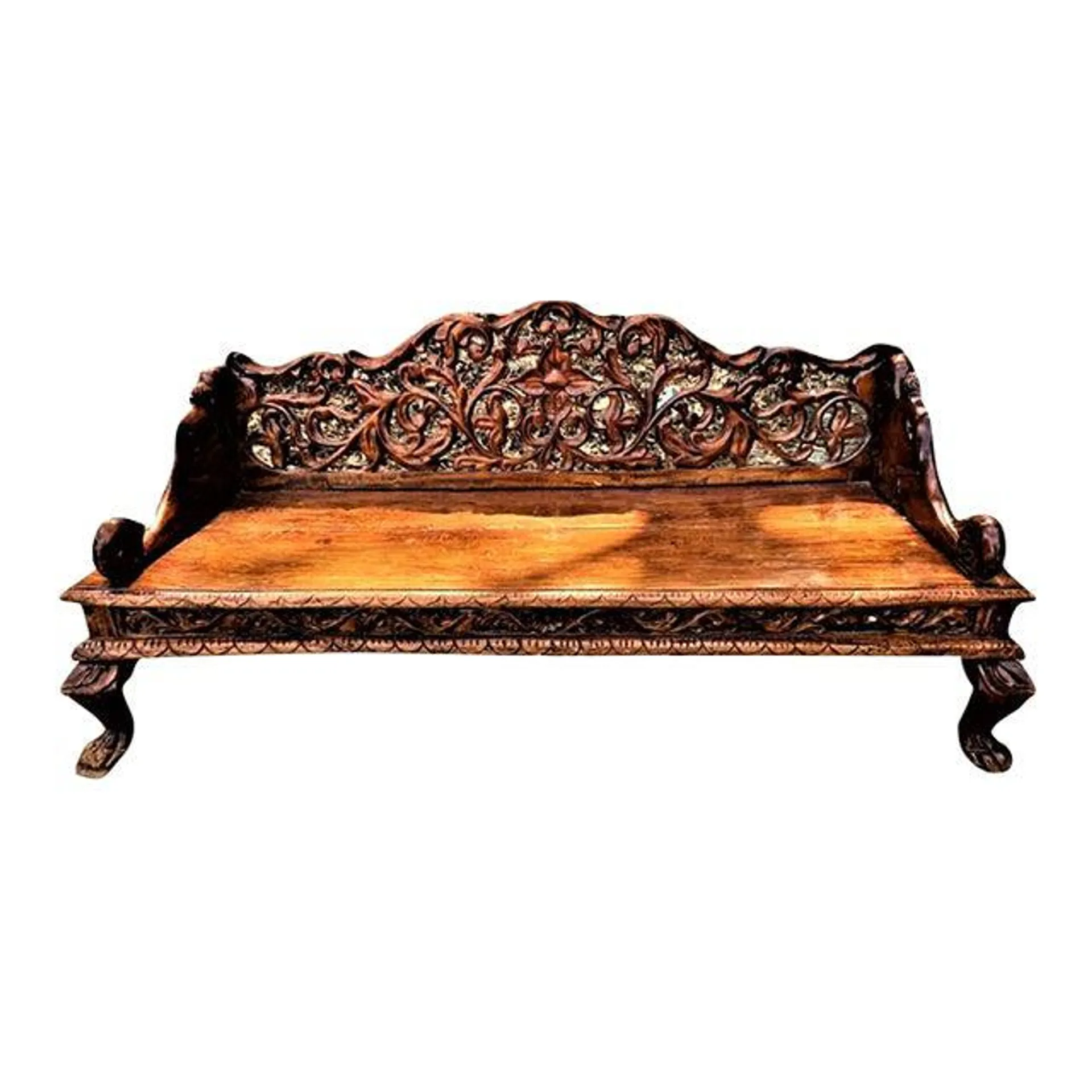 Ornately Carved Teak Bench From South Asia - Mid 20th Century