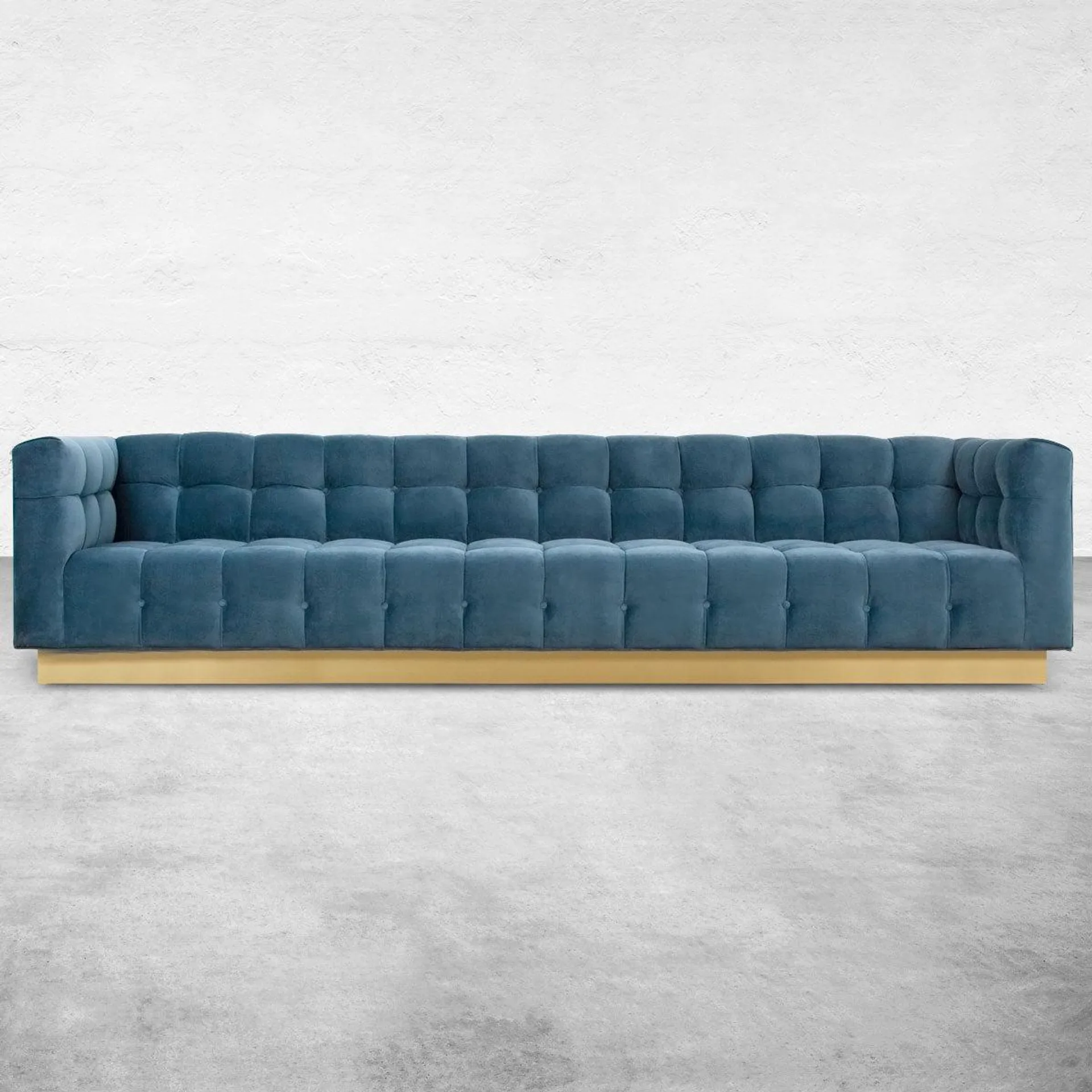 Delano Sofa in Velvet with Brushed Brass Toe Kick