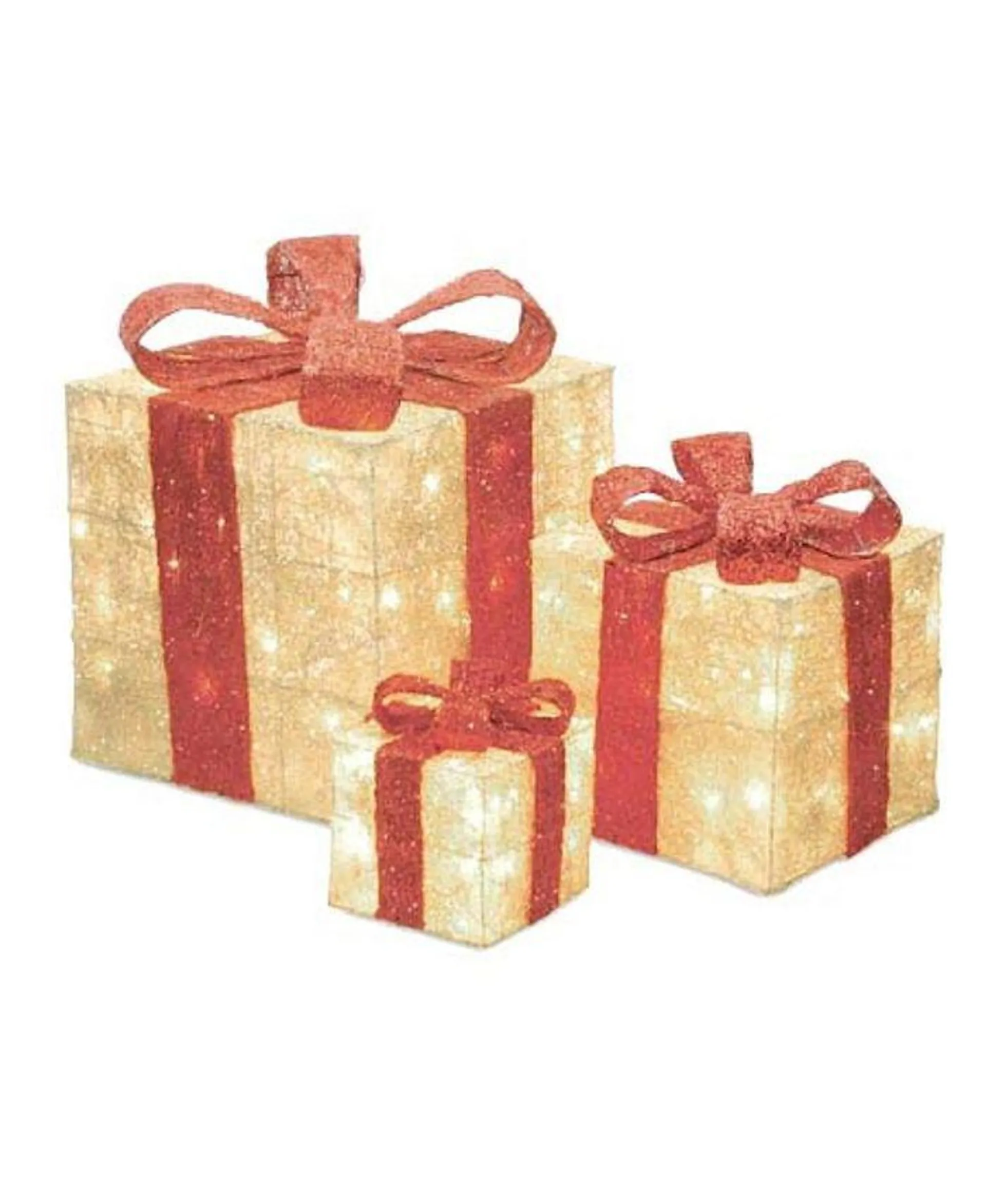 Sisal Lighted Gi Boxes with Red Bows Outdoor Christmas Decorations