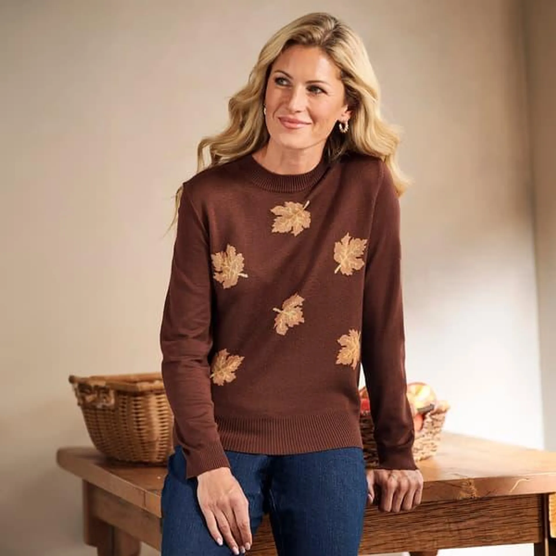 Womens Retrology Tossed Leaf Crewneck Sweater