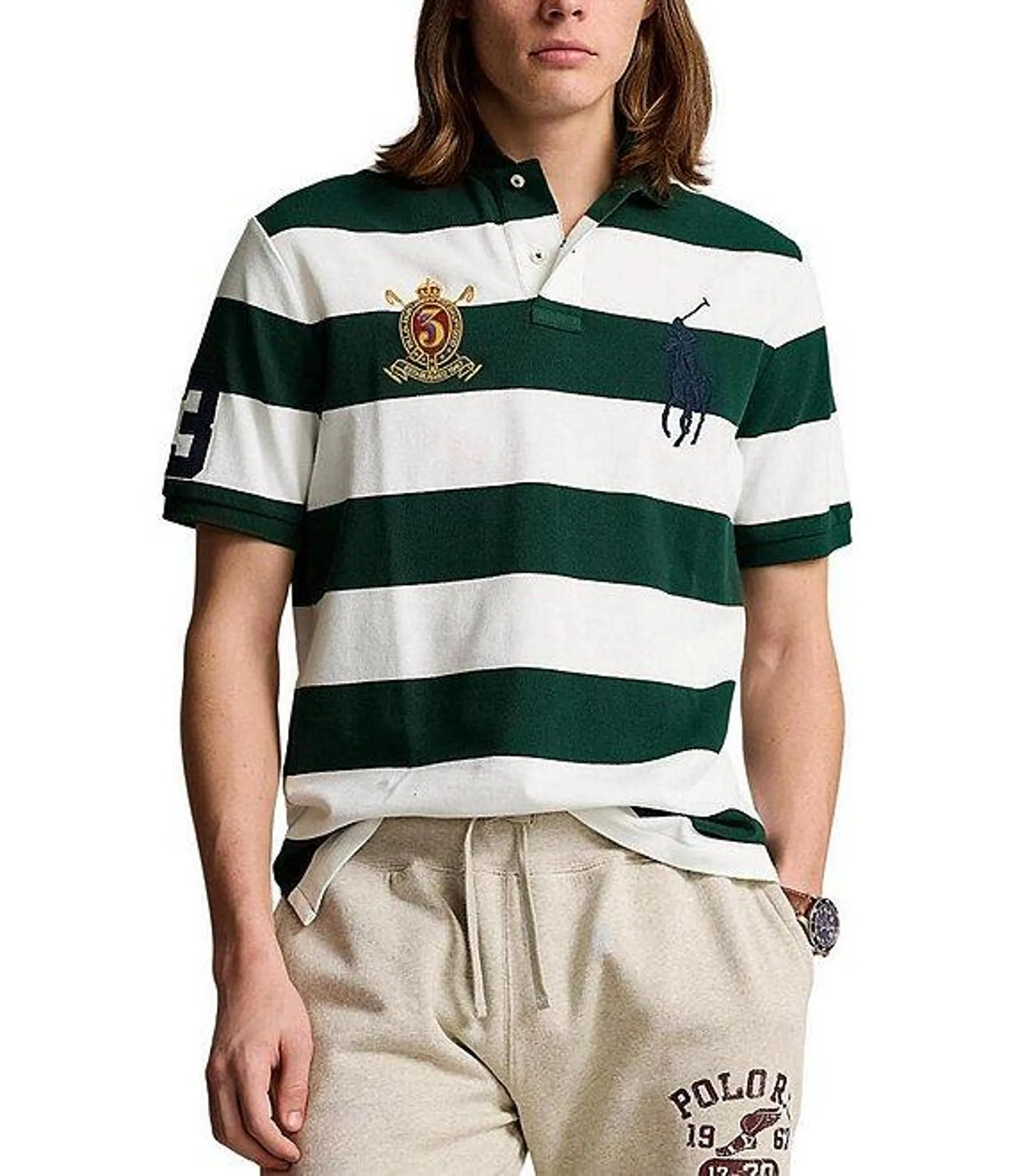 Classic Fit Stripe Big Pony & Crest Mesh Polo Shirt