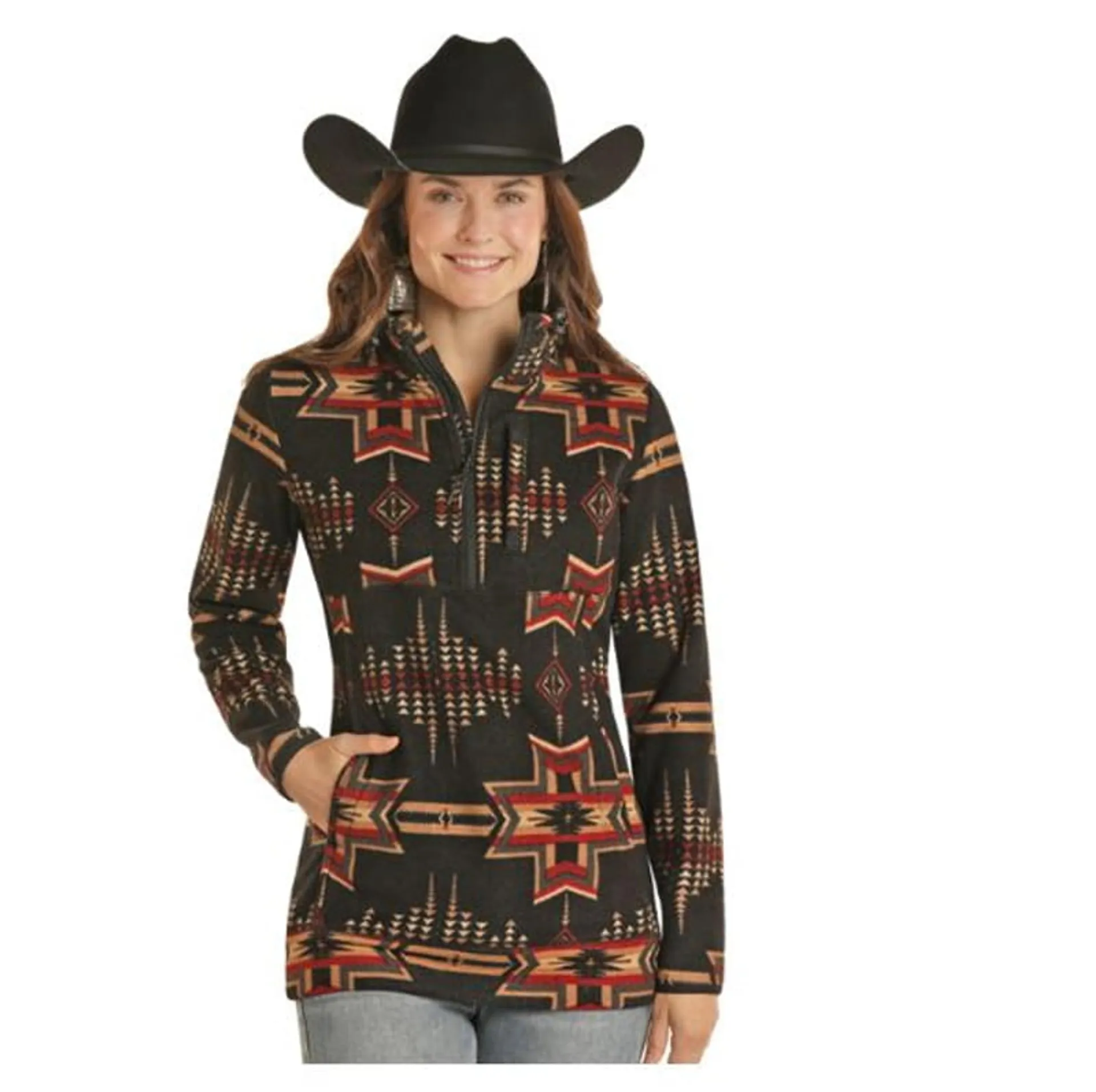 Powder River Outfitters Womens Black Aztec Printed Fleece Pullover