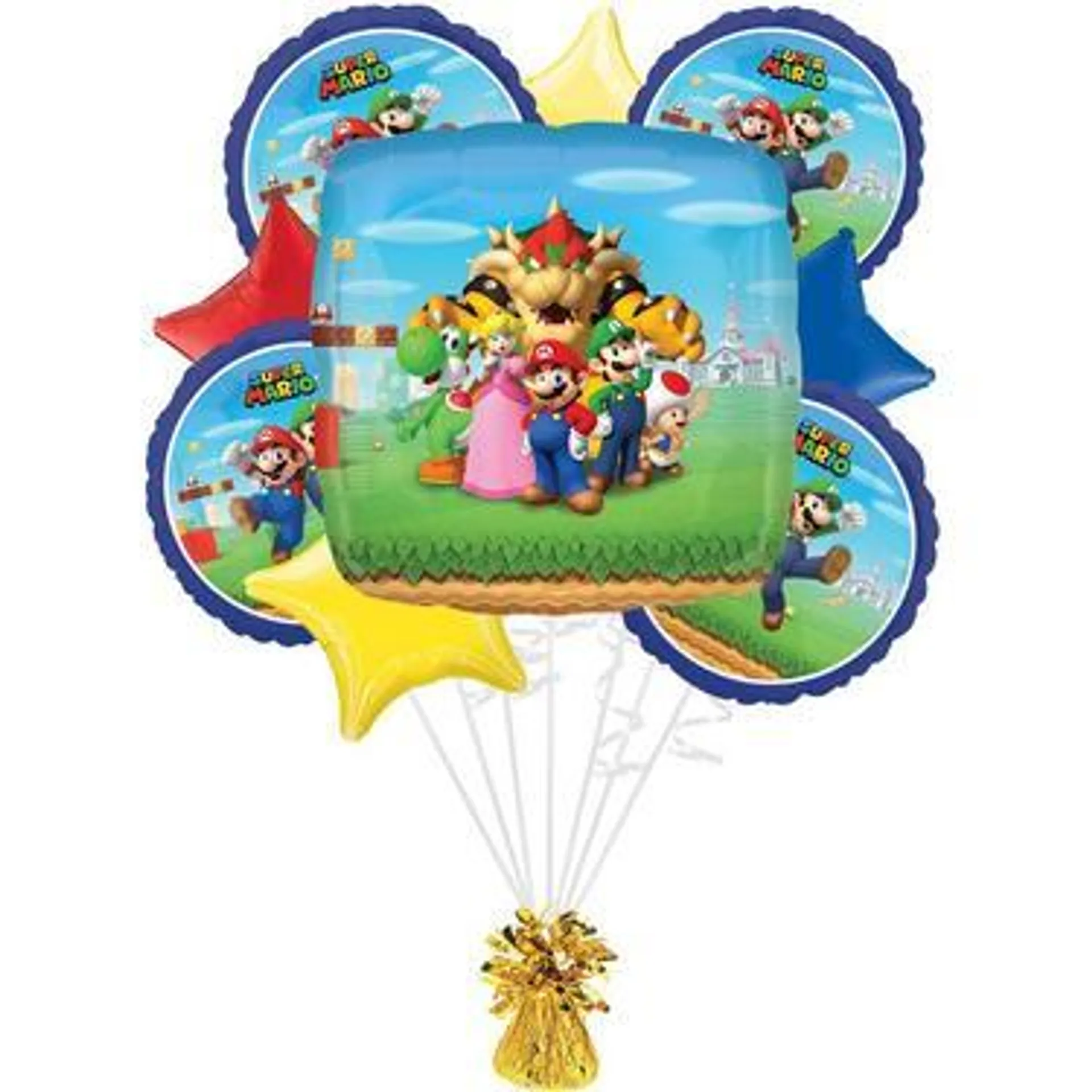 Super Mario Bros Foil Balloon Bouquet with Balloon Weight, 10pc